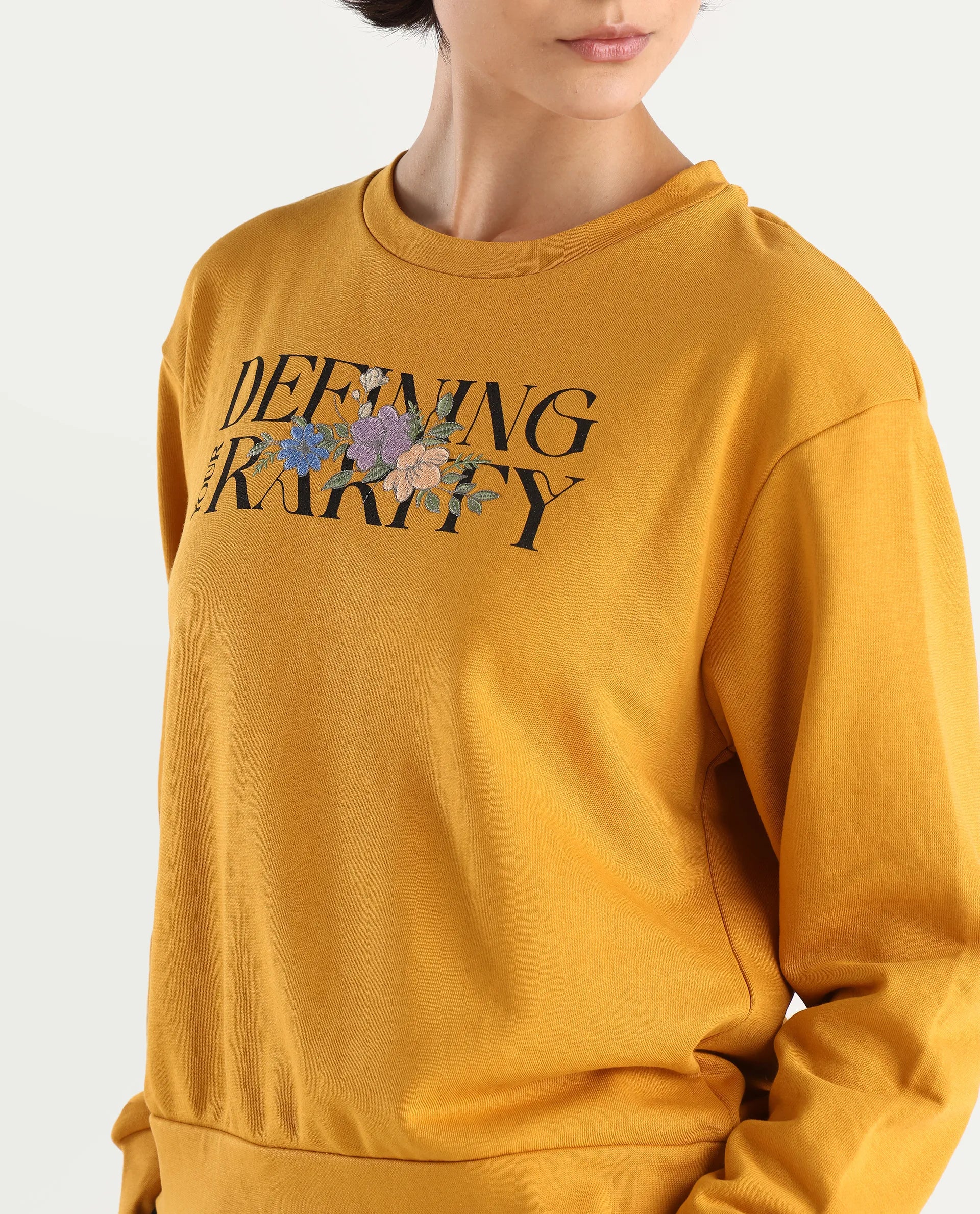 Rareism Women's Defni Dusky Mustard Cotton Blend Crew Neck Graphic Print Relaxed Fit Sweatshirt - Image 5