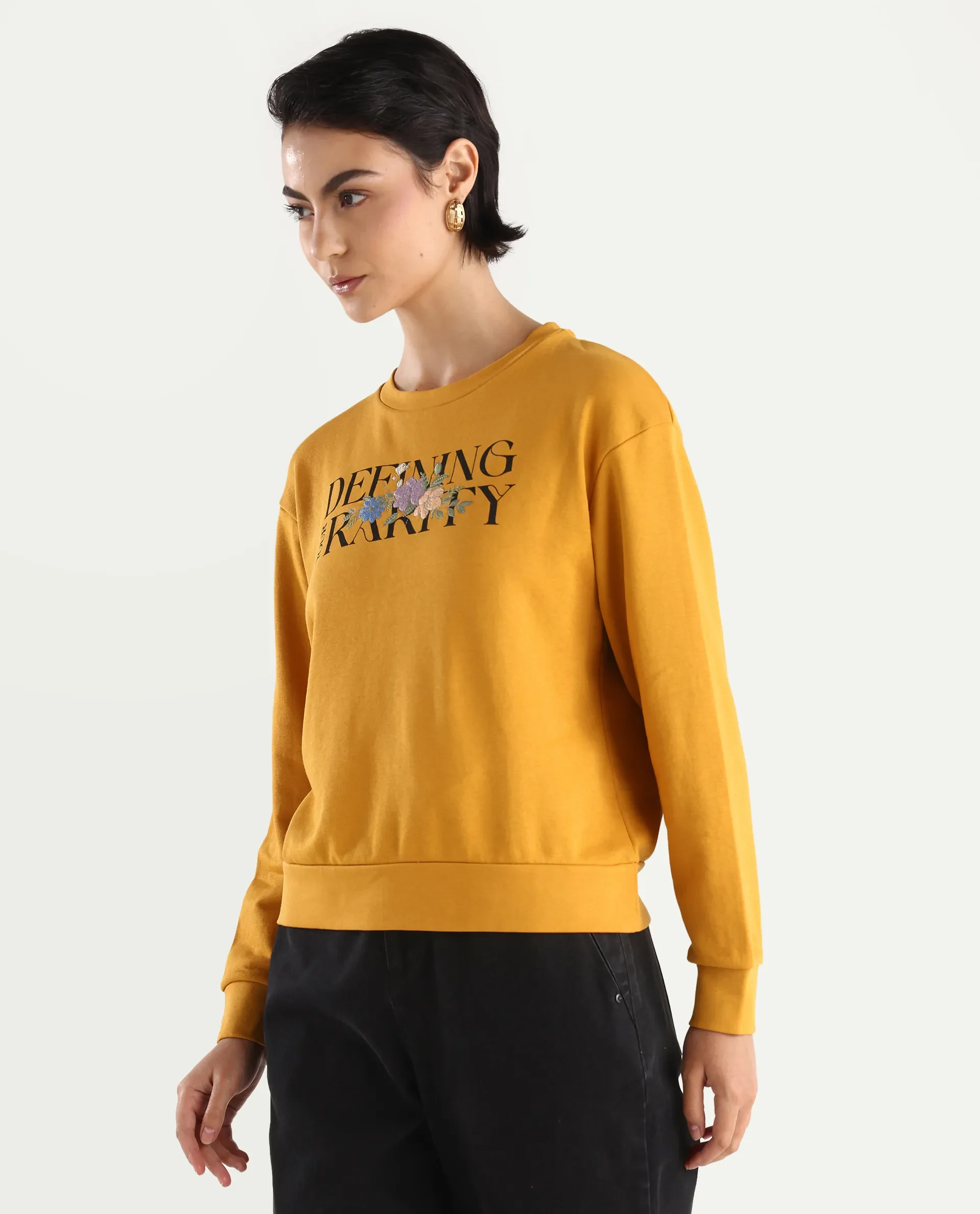 Rareism Women's Defni Dusky Mustard Cotton Blend Crew Neck Graphic Print Relaxed Fit Sweatshirt - Image 6
