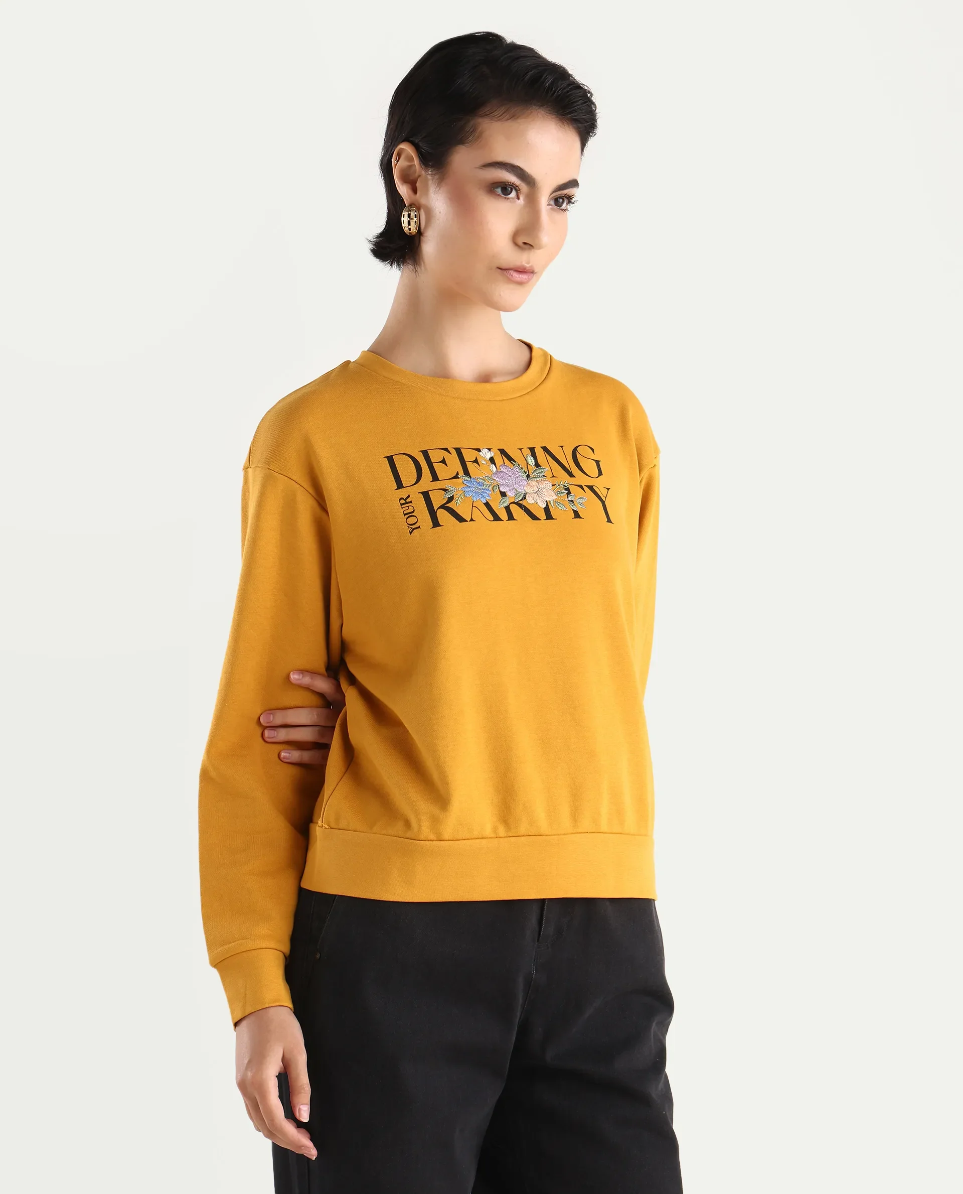 Rareism Women's Defni Dusky Mustard Cotton Blend Crew Neck Graphic Print Relaxed Fit Sweatshirt - Image 7