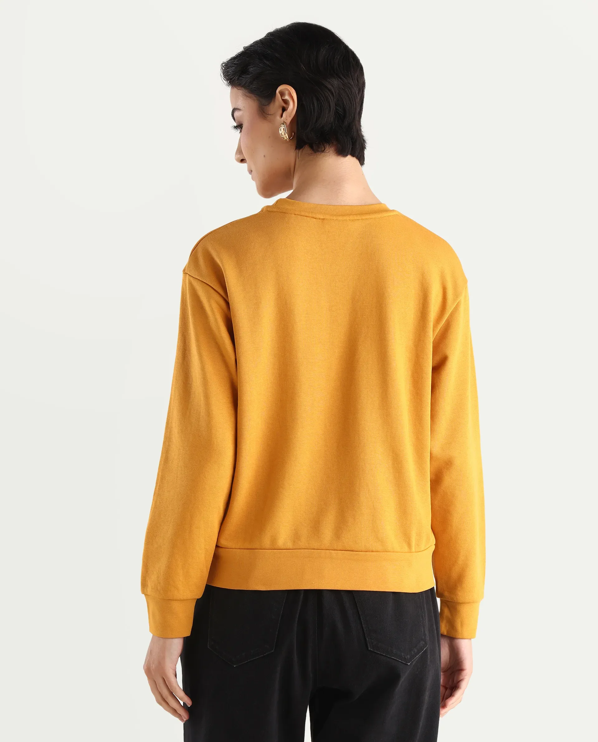 Rareism Women's Defni Dusky Mustard Cotton Blend Crew Neck Graphic Print Relaxed Fit Sweatshirt - Image 8