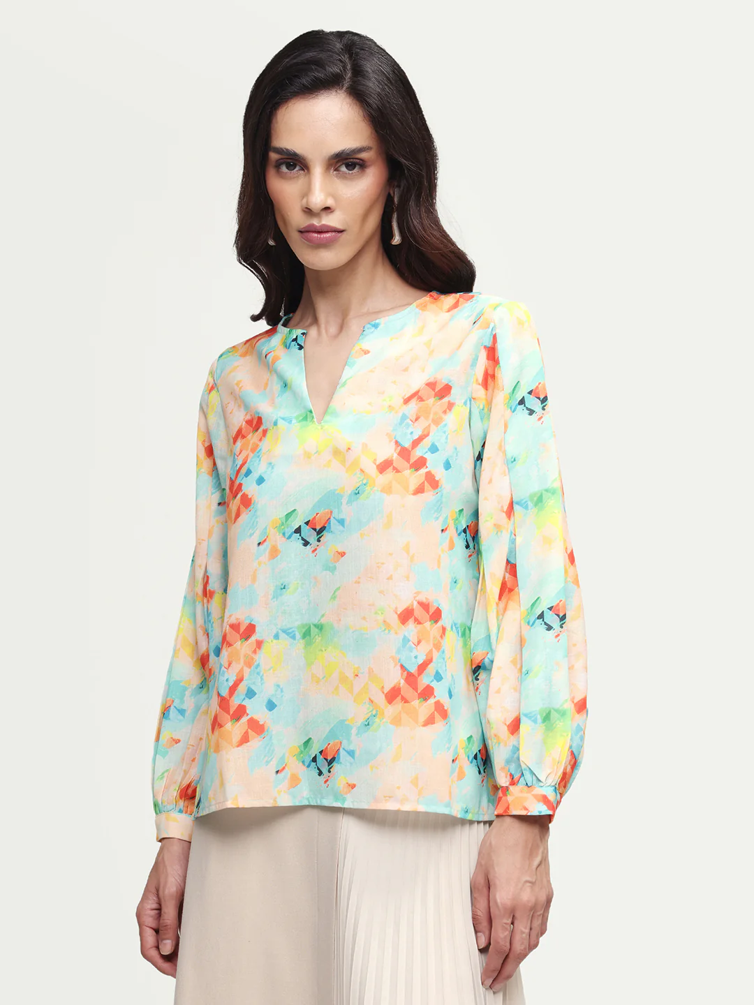 Rareism Women's Deimos Flouroscent Multi Polyester Blend V-Neck Geometric Print Bishop Sleeve Regular Fit Top - Image 3
