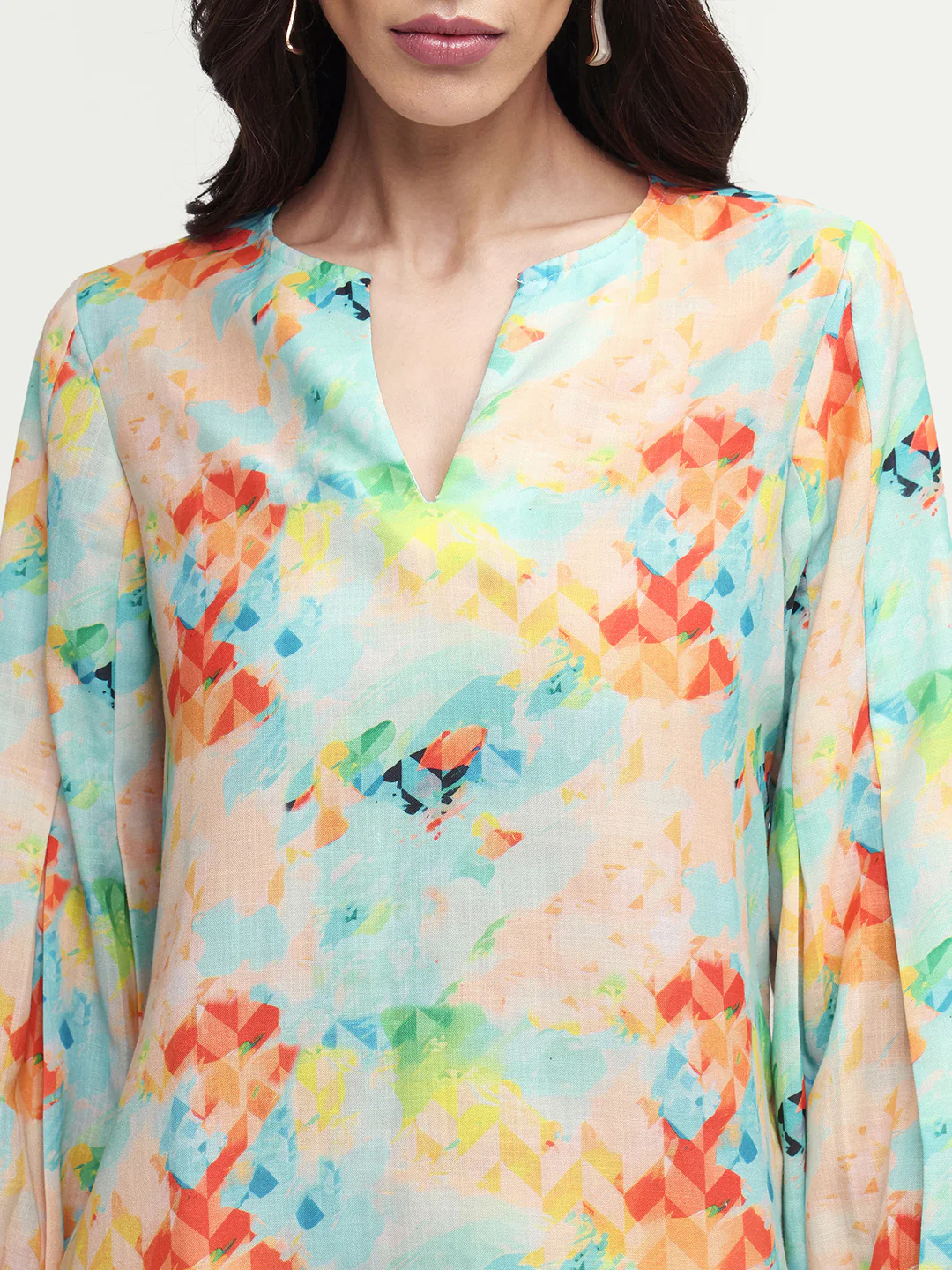 Rareism Women's Deimos Flouroscent Multi Polyester Blend V-Neck Geometric Print Bishop Sleeve Regular Fit Top - Image 4
