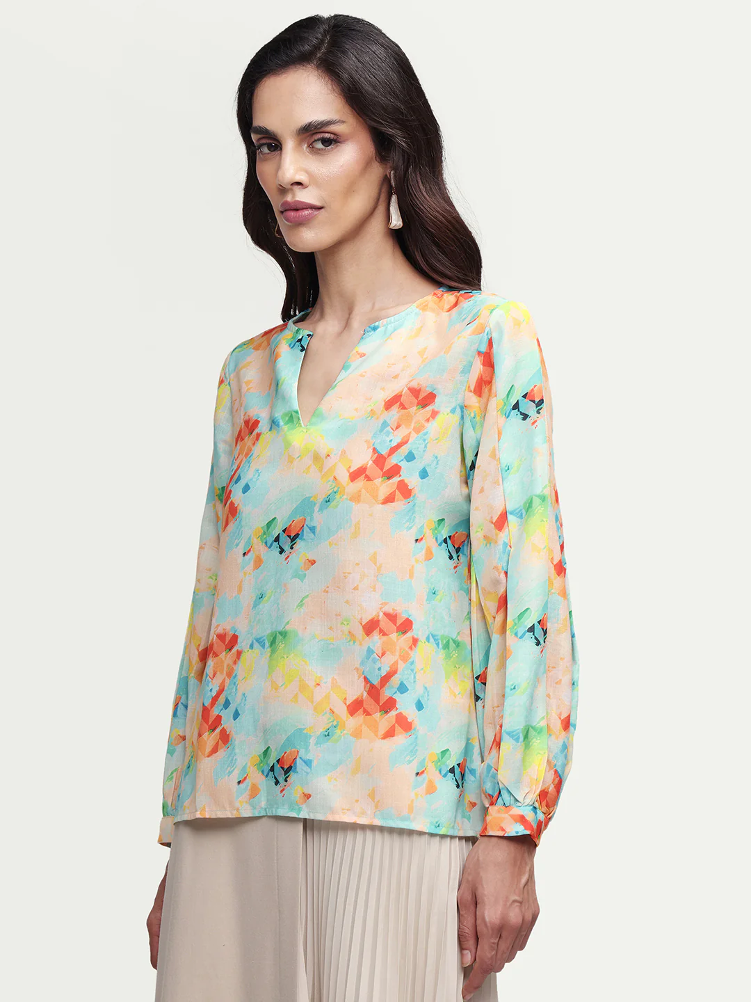 Rareism Women's Deimos Flouroscent Multi Polyester Blend V-Neck Geometric Print Bishop Sleeve Regular Fit Top - Image 5
