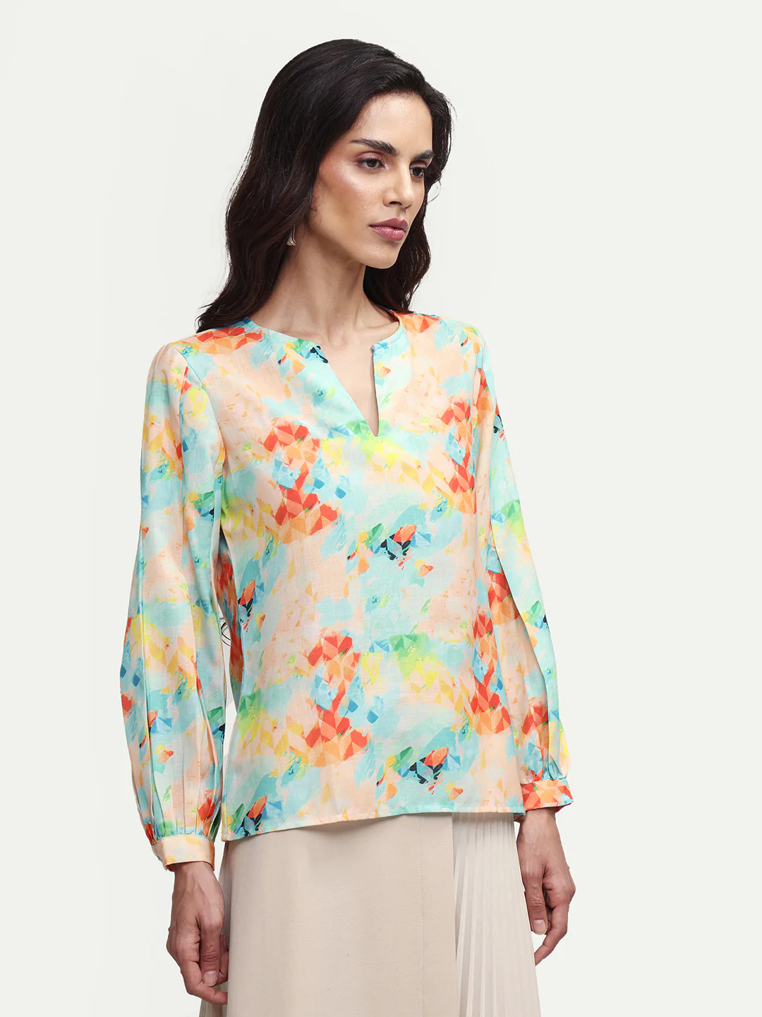 Rareism Women's Deimos Flouroscent Multi Polyester Blend V-Neck Geometric Print Bishop Sleeve Regular Fit Top - Image 6