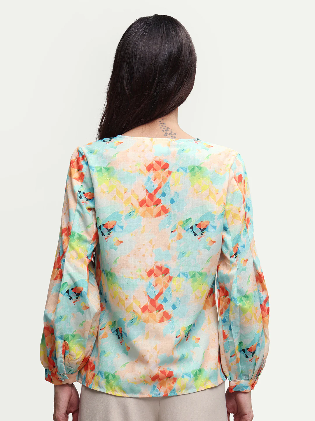 Rareism Women's Deimos Flouroscent Multi Polyester Blend V-Neck Geometric Print Bishop Sleeve Regular Fit Top - Image 7
