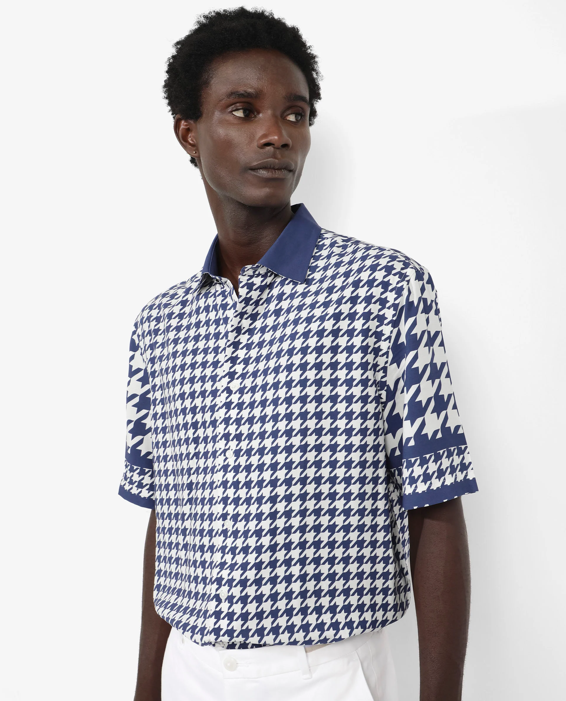 Rare Rabbit Men's Dejen Dark Blue Viscose Graphic Print Boxy Fit Half Sleeve Collared Shirt - Image 4