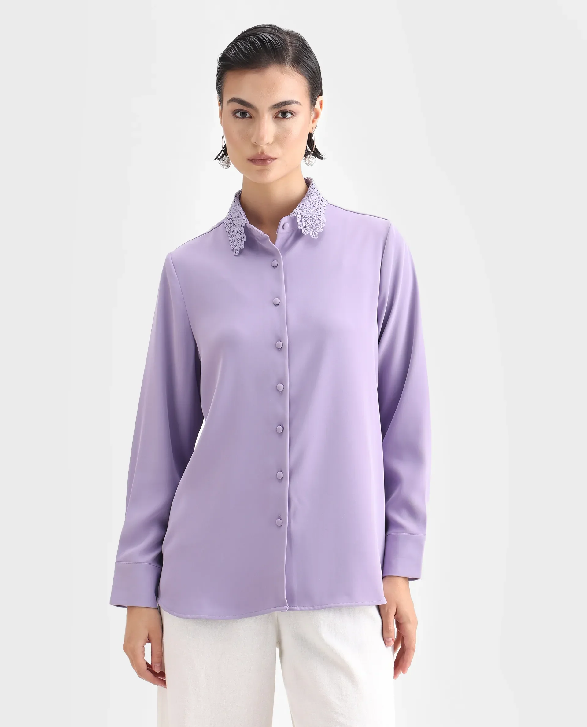 Rareism Women's Dejon Dusky Lavender Polyester Spread Collar Plain Cuffed Sleeve Regular Fit Shirt