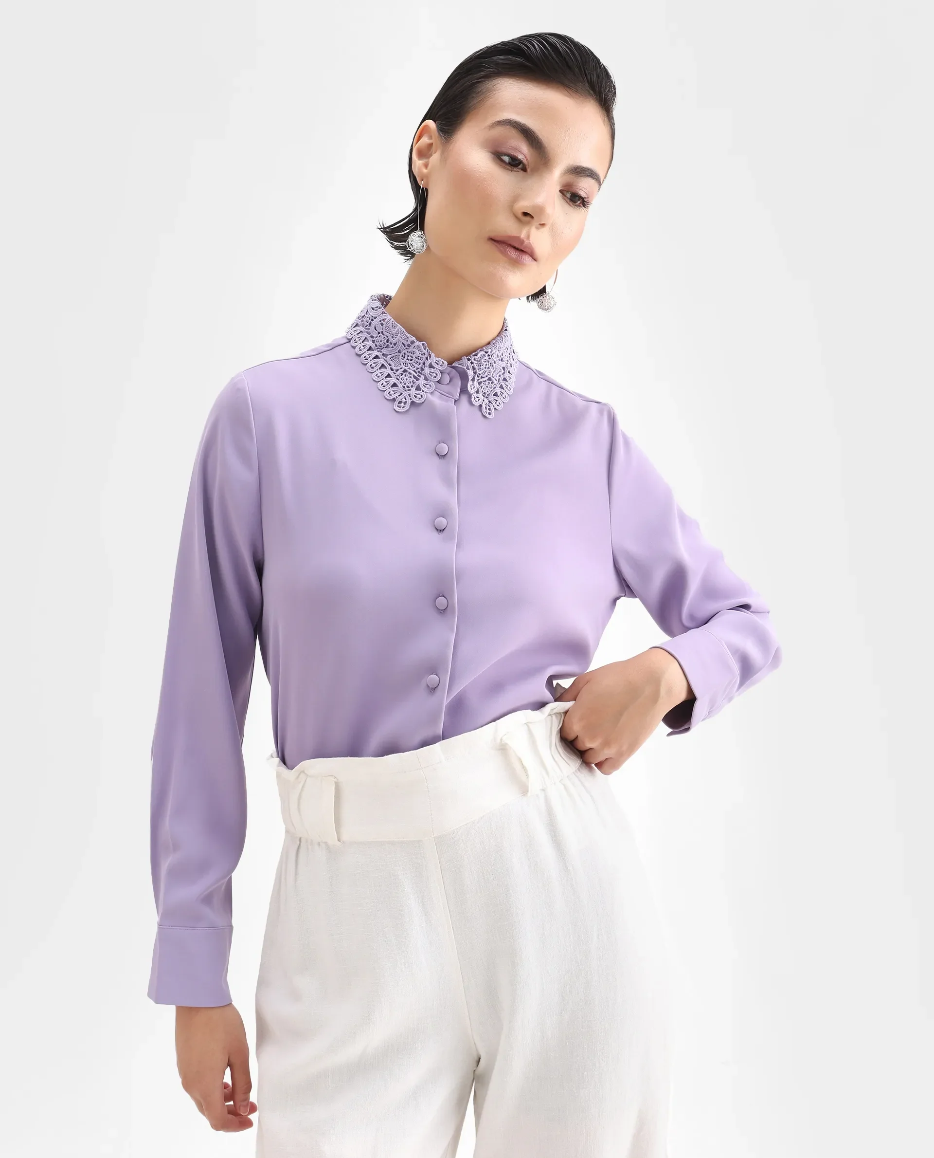 Rareism Women's Dejon Dusky Lavender Polyester Spread Collar Plain Cuffed Sleeve Regular Fit Shirt - Image 3