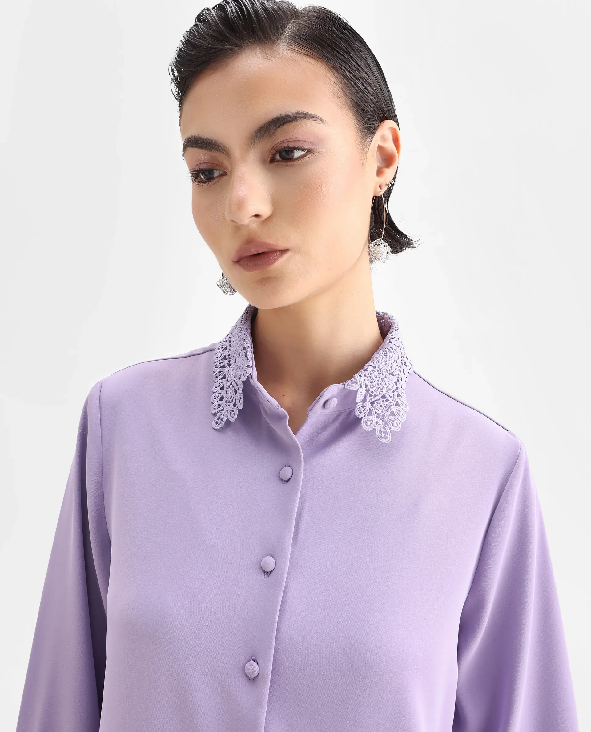 Rareism Women's Dejon Dusky Lavender Polyester Spread Collar Plain Cuffed Sleeve Regular Fit Shirt - Image 4