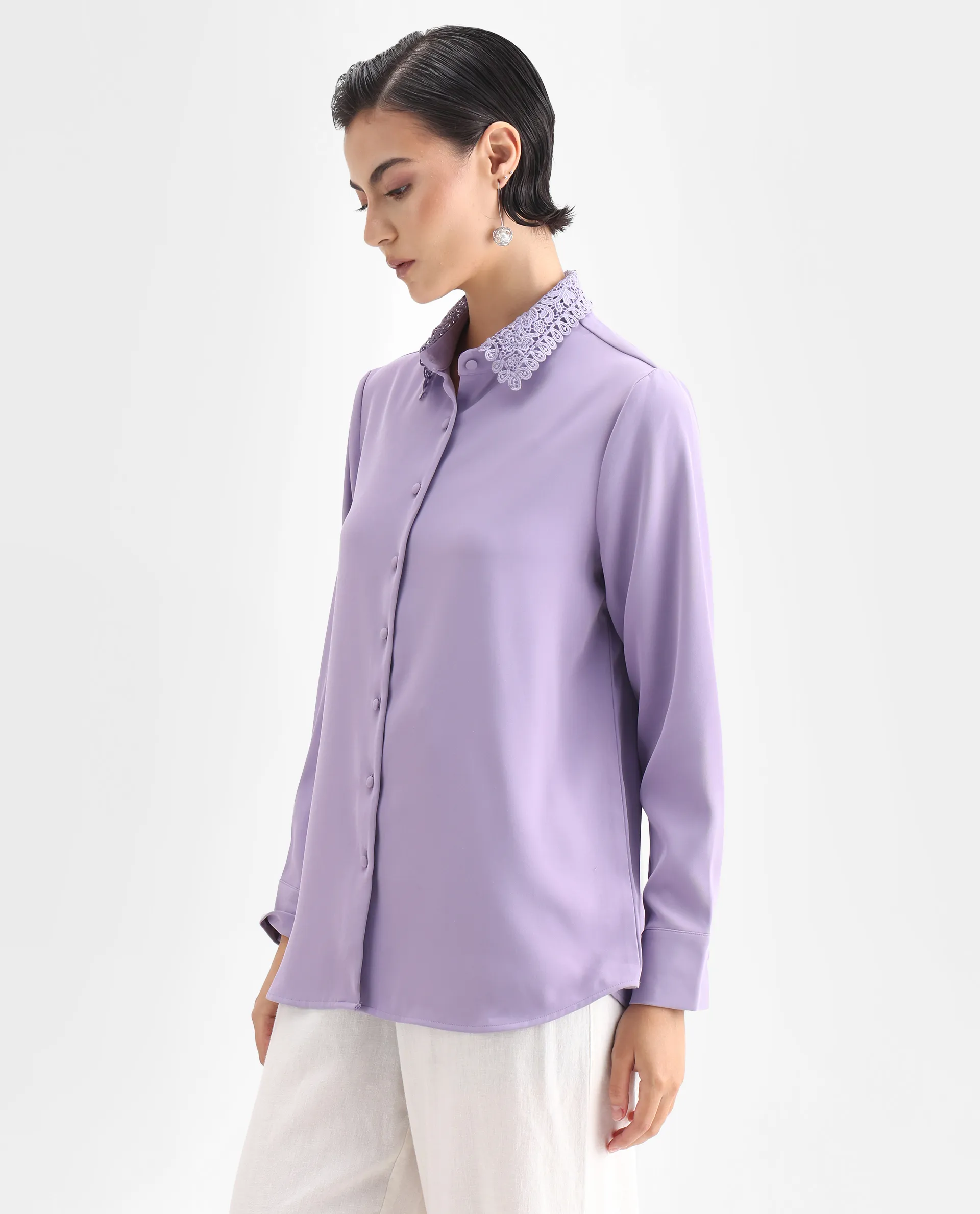 Rareism Women's Dejon Dusky Lavender Polyester Spread Collar Plain Cuffed Sleeve Regular Fit Shirt - Image 5