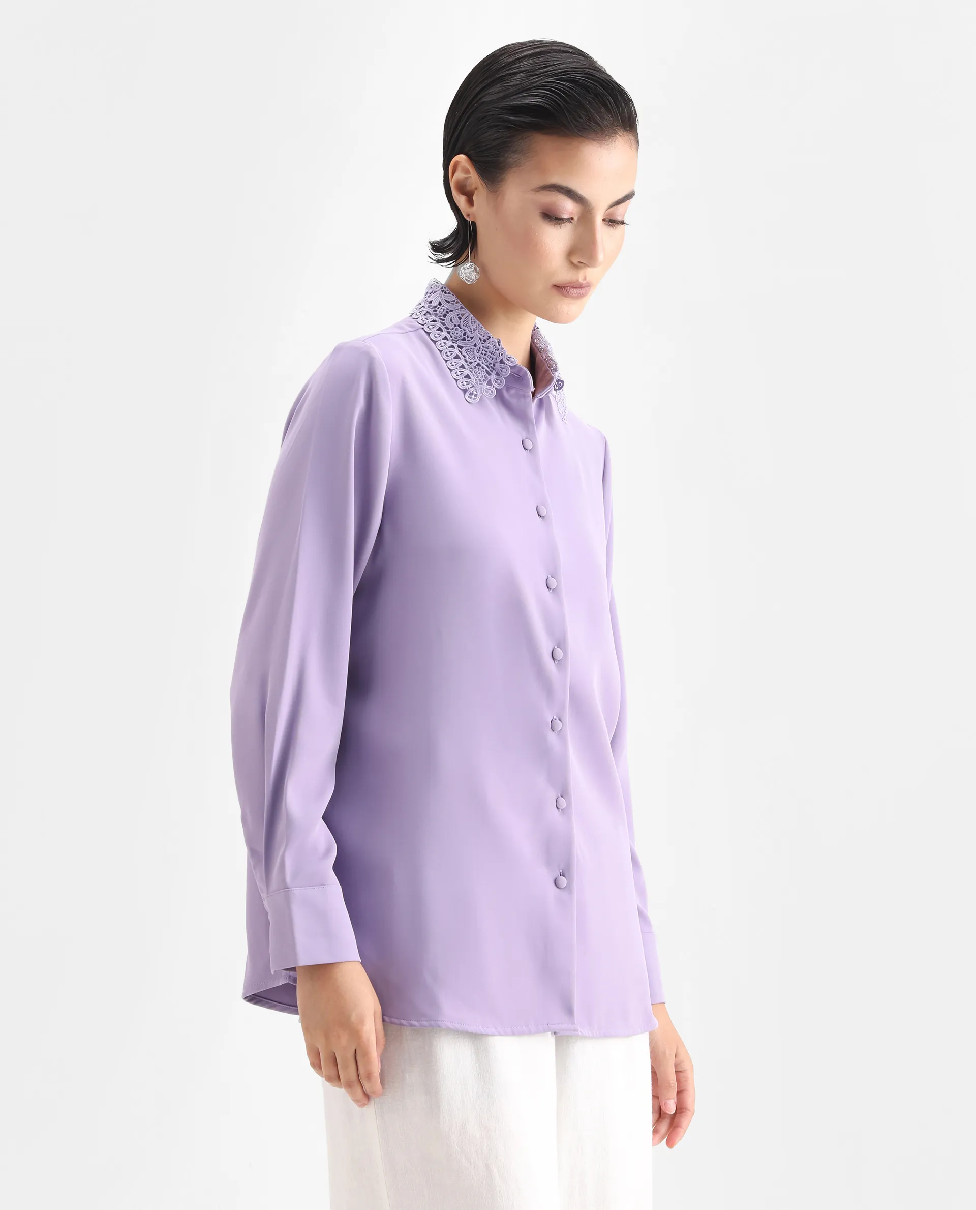 Rareism Women's Dejon Dusky Lavender Polyester Spread Collar Plain Cuffed Sleeve Regular Fit Shirt - Image 6