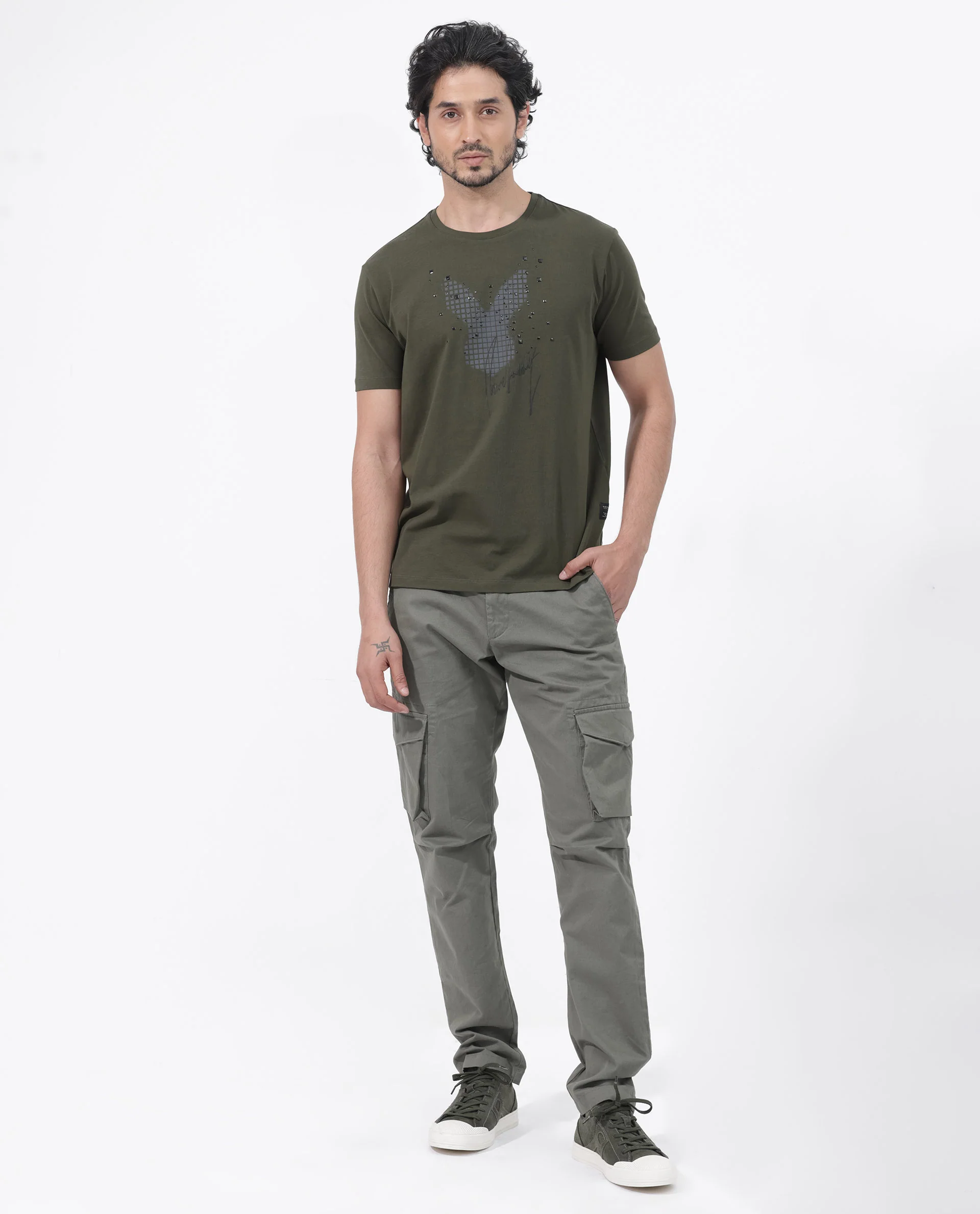 Rare Rabbit Articale Mens Del Olive Cotton Polyester Fabric Short Sleeve Crew Neck Regular Fit Printed T-Shirt - Image 2