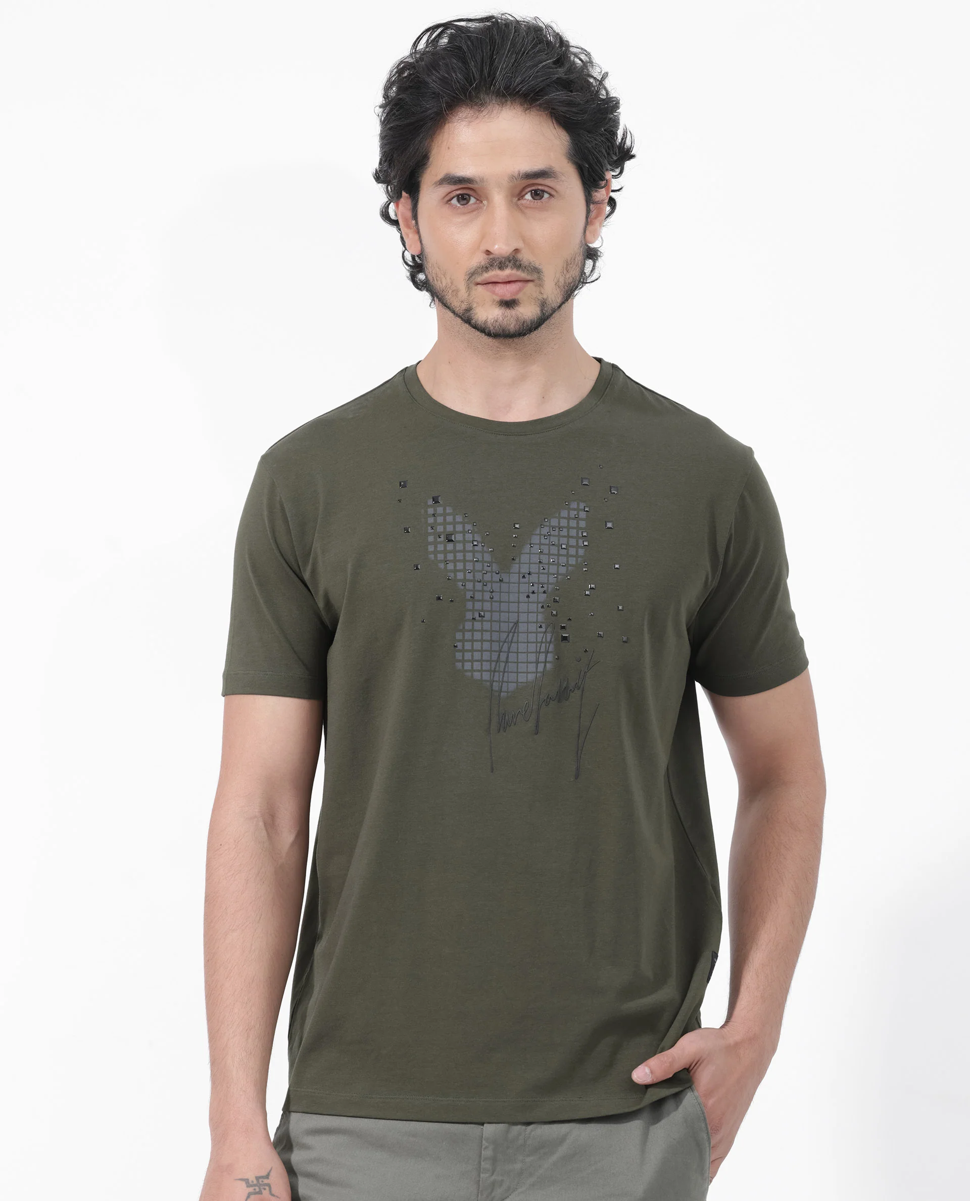 Rare Rabbit Articale Mens Del Olive Cotton Polyester Fabric Short Sleeve Crew Neck Regular Fit Printed T-Shirt - Image 3