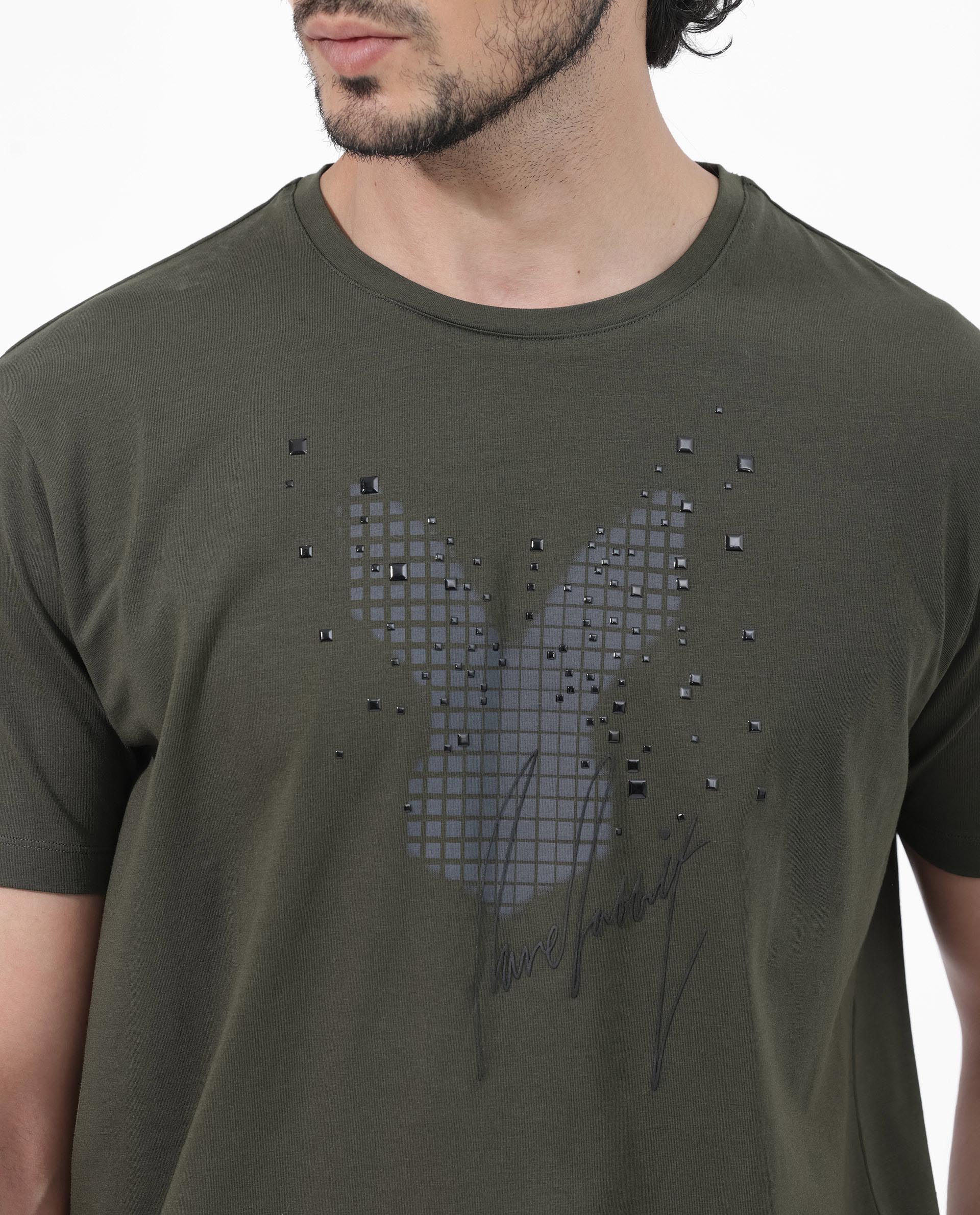 Rare Rabbit Articale Mens Del Olive Cotton Polyester Fabric Short Sleeve Crew Neck Regular Fit Printed T-Shirt - Image 4