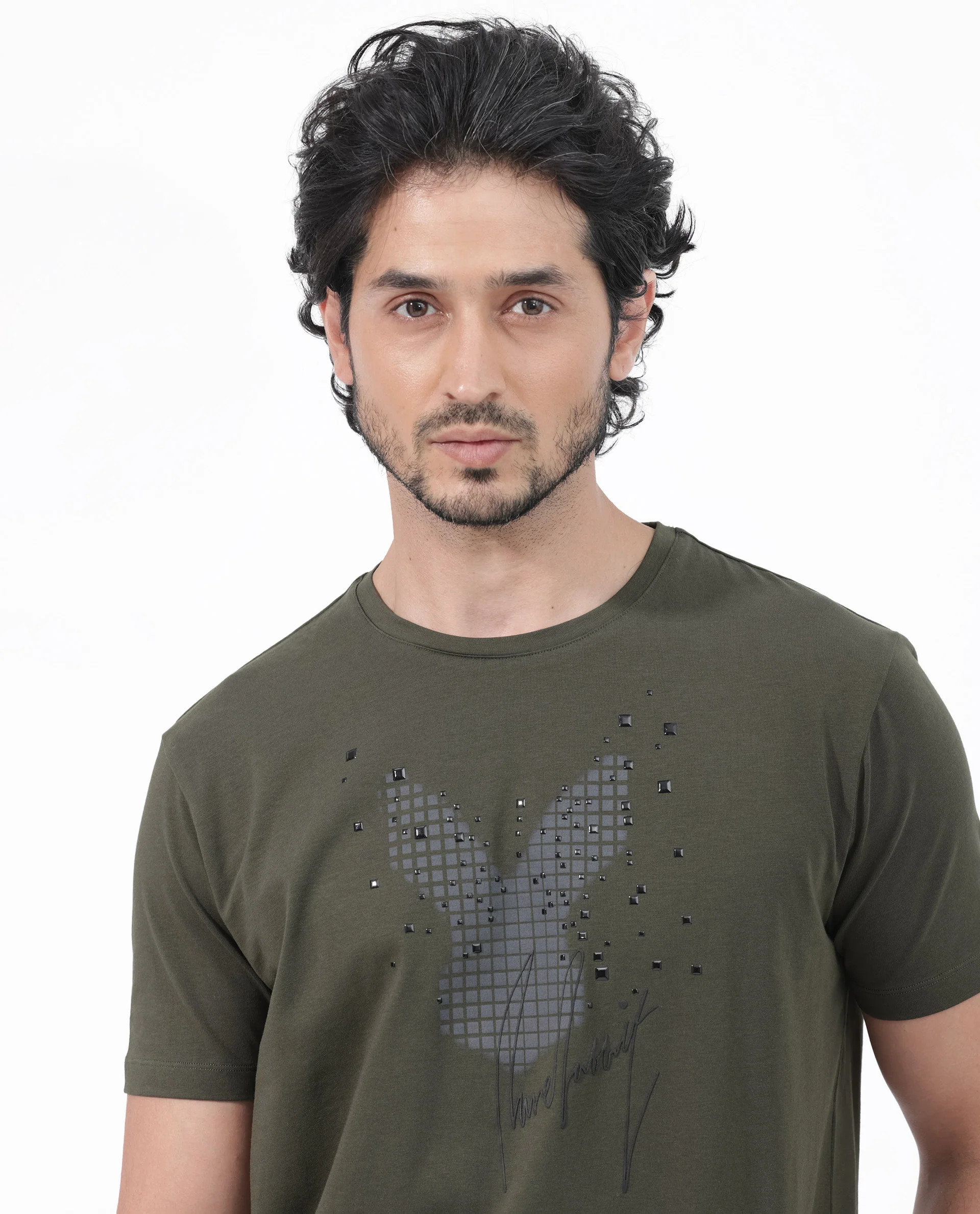 Rare Rabbit Articale Mens Del Olive Cotton Polyester Fabric Short Sleeve Crew Neck Regular Fit Printed T-Shirt - Image 5