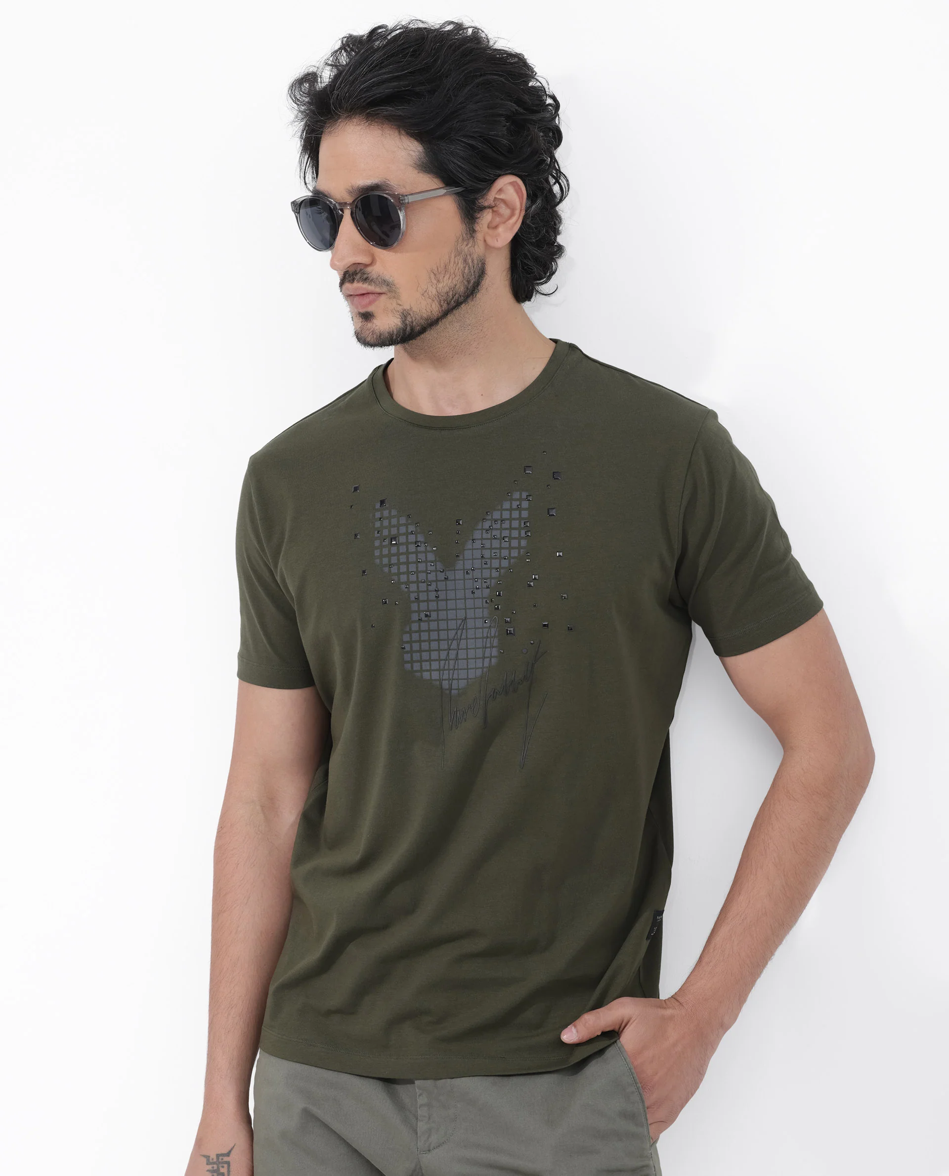 Rare Rabbit Articale Mens Del Olive Cotton Polyester Fabric Short Sleeve Crew Neck Regular Fit Printed T-Shirt - Image 6
