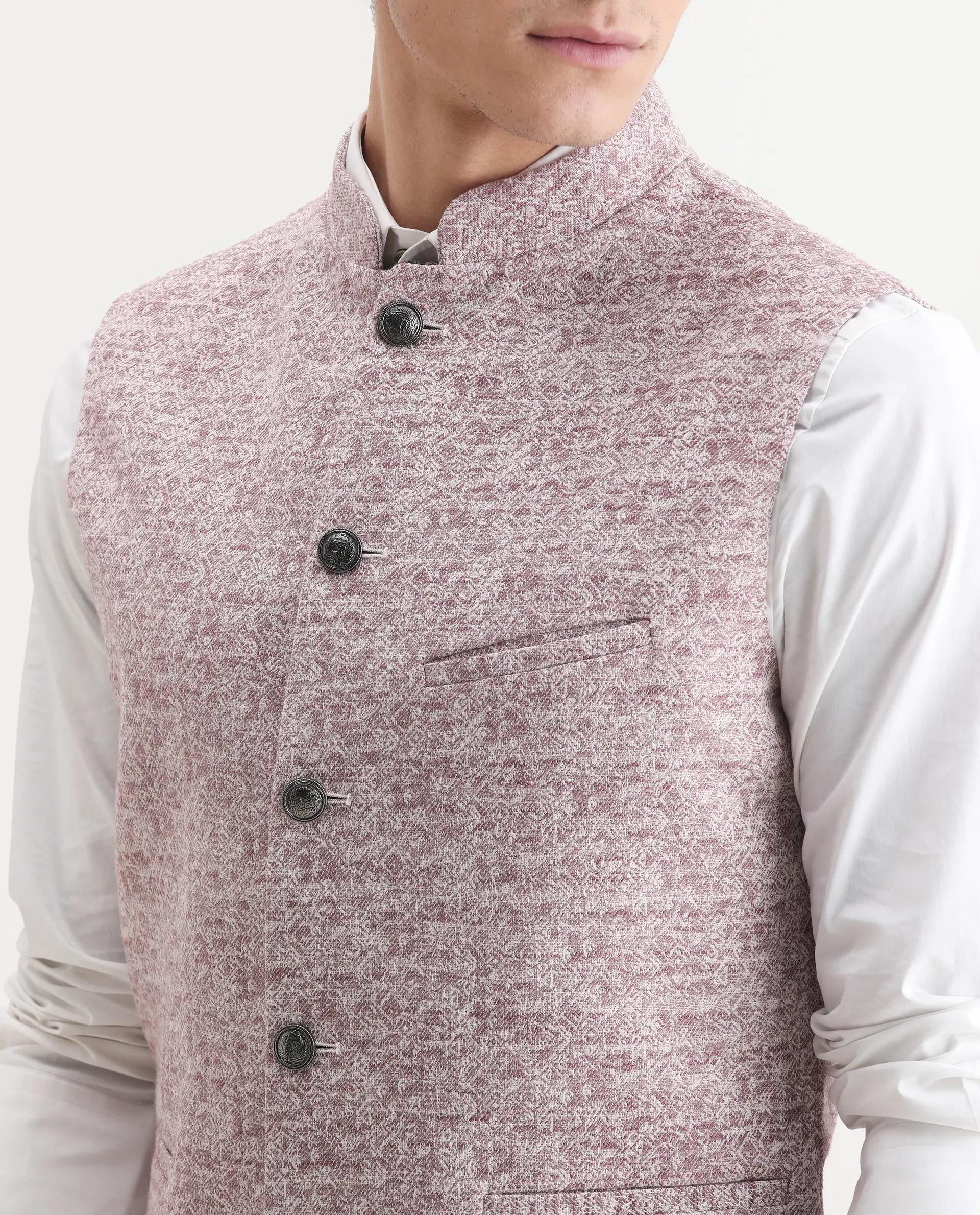 Rare Rabbit Men's Delia Light Pink Linen Jacquard Tailored Fit Sleeveless Mandarin Collar Bandhgala Rare Rabbit Men's Lasmos-B1 Beige Viscose Embroidered Regular Fit Sleeveless Mandarin Collar Bandhgala Nehru Jacket - Image 3