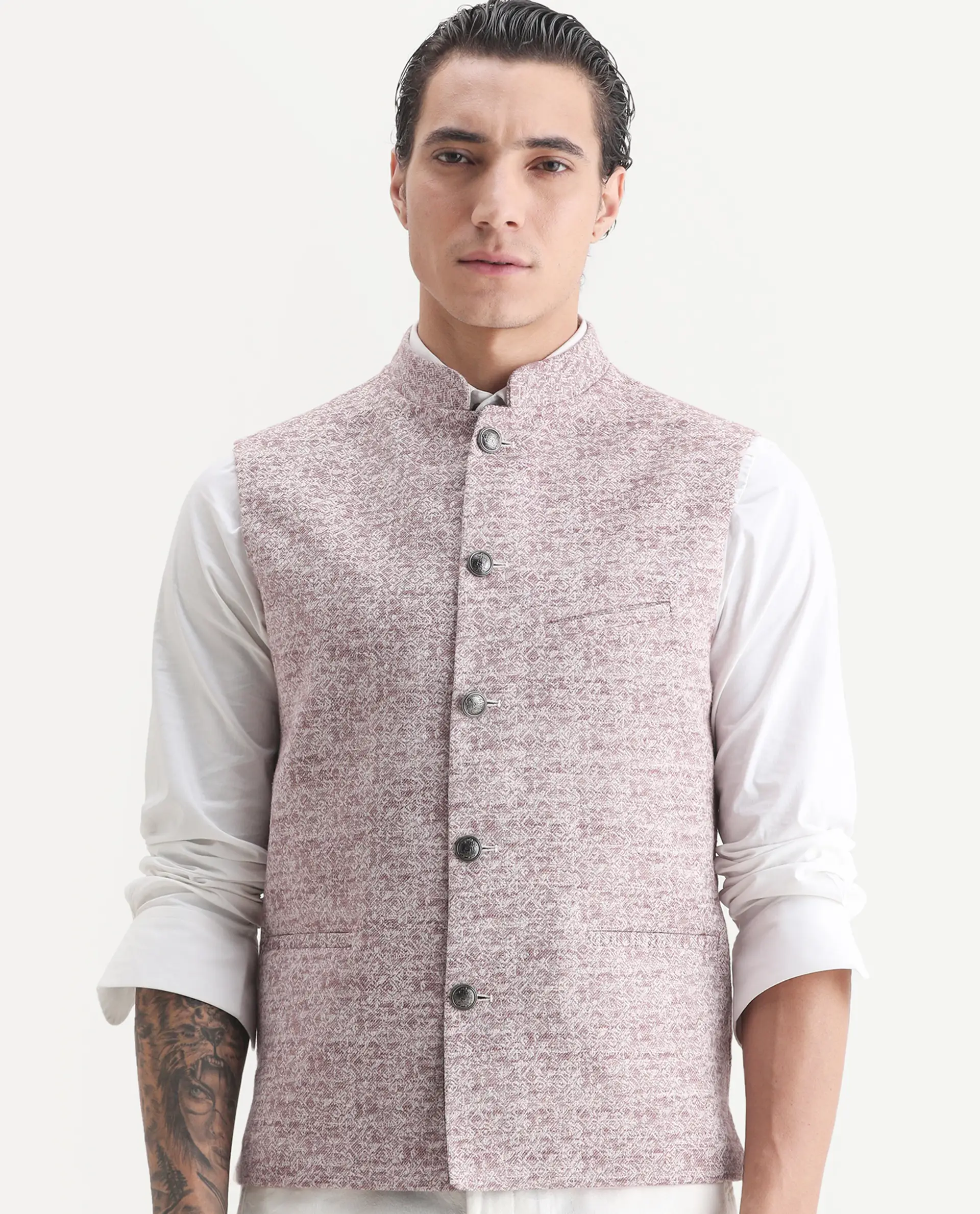 Rare Rabbit Men's Delia Light Pink Linen Jacquard Tailored Fit Sleeveless Mandarin Collar Bandhgala Rare Rabbit Men's Lasmos-B1 Beige Viscose Embroidered Regular Fit Sleeveless Mandarin Collar Bandhgala Nehru Jacket - Image 4