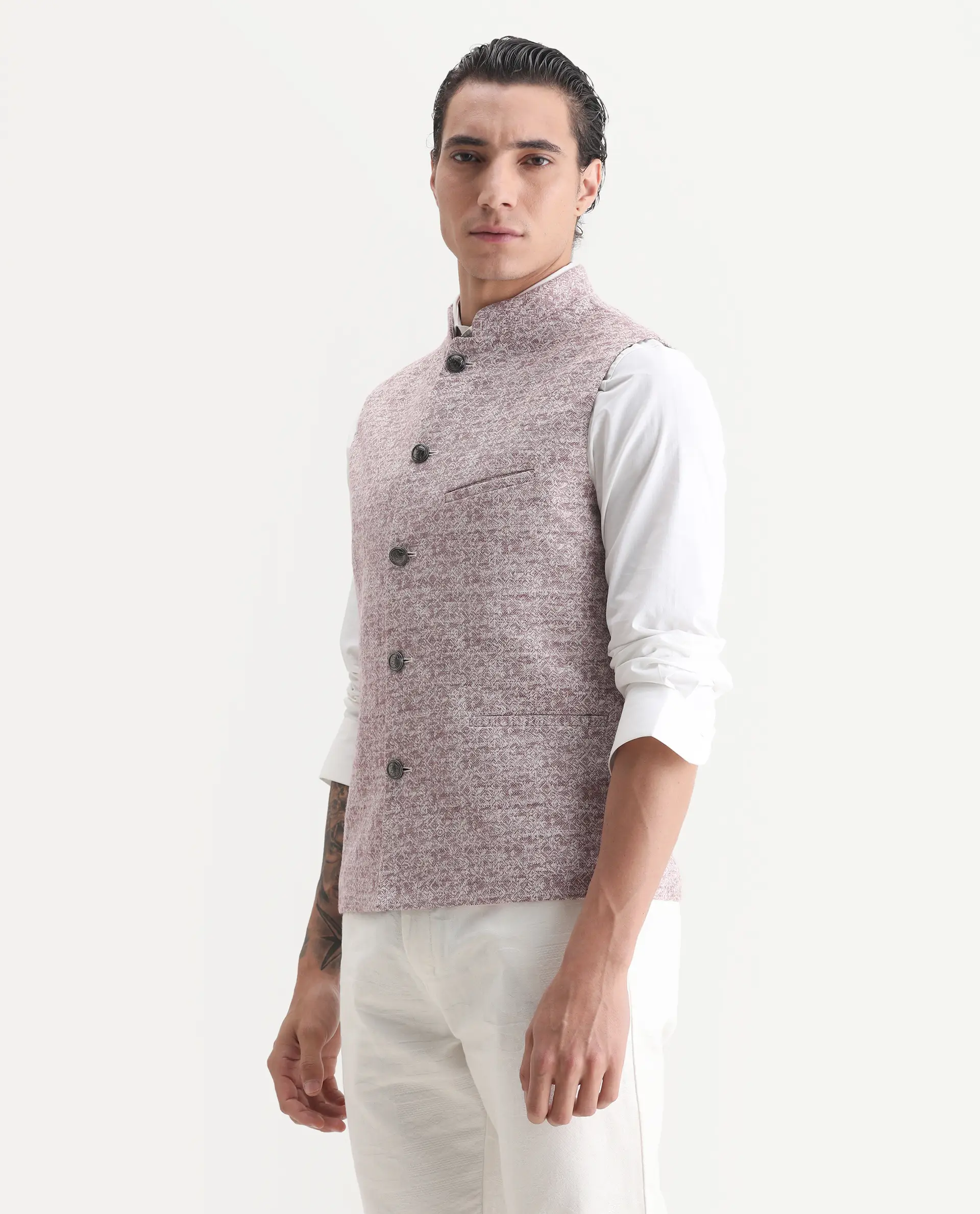 Rare Rabbit Men's Delia Light Pink Linen Jacquard Tailored Fit Sleeveless Mandarin Collar Bandhgala Rare Rabbit Men's Lasmos-B1 Beige Viscose Embroidered Regular Fit Sleeveless Mandarin Collar Bandhgala Nehru Jacket - Image 5