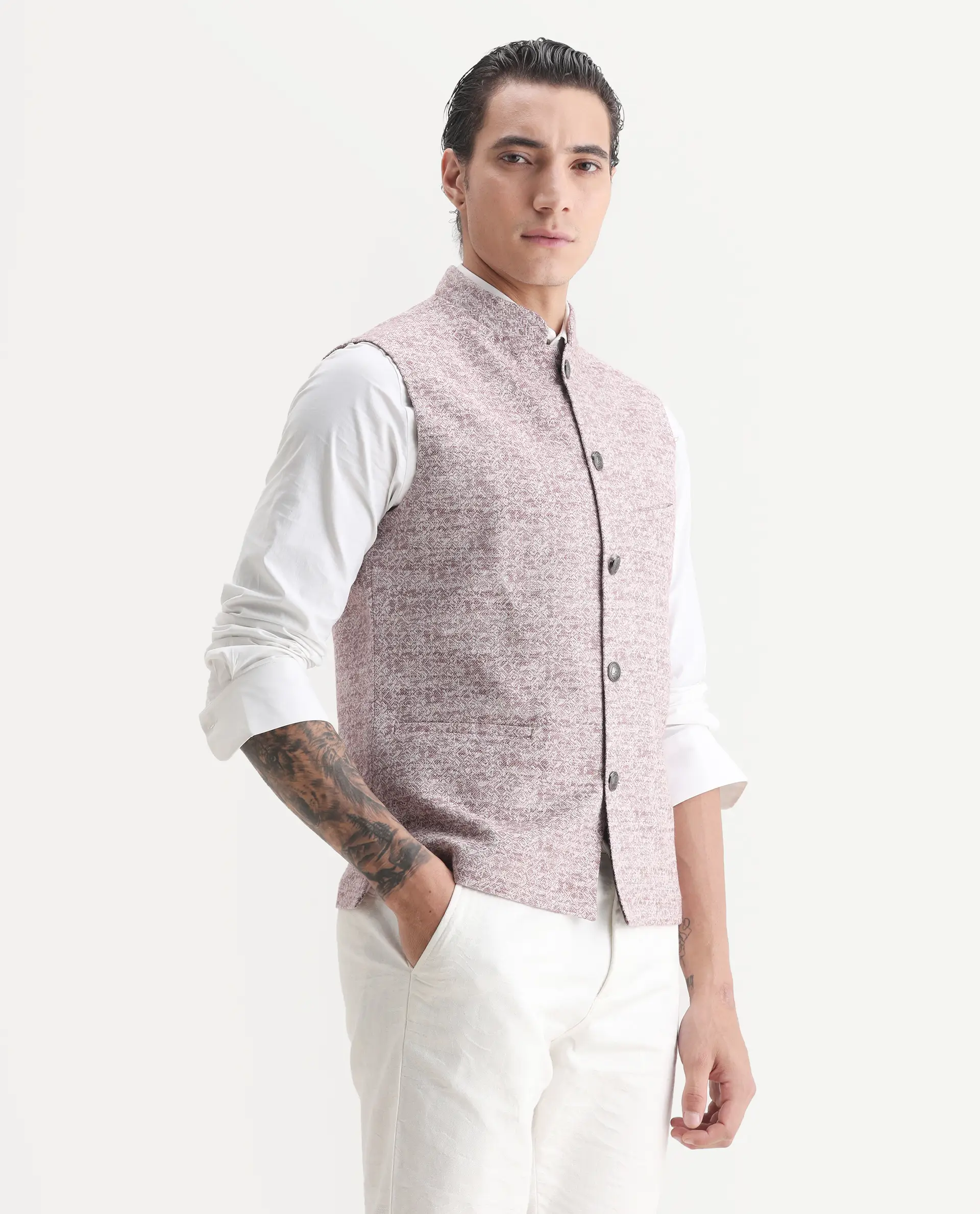 Rare Rabbit Men's Delia Light Pink Linen Jacquard Tailored Fit Sleeveless Mandarin Collar Bandhgala Rare Rabbit Men's Lasmos-B1 Beige Viscose Embroidered Regular Fit Sleeveless Mandarin Collar Bandhgala Nehru Jacket - Image 6