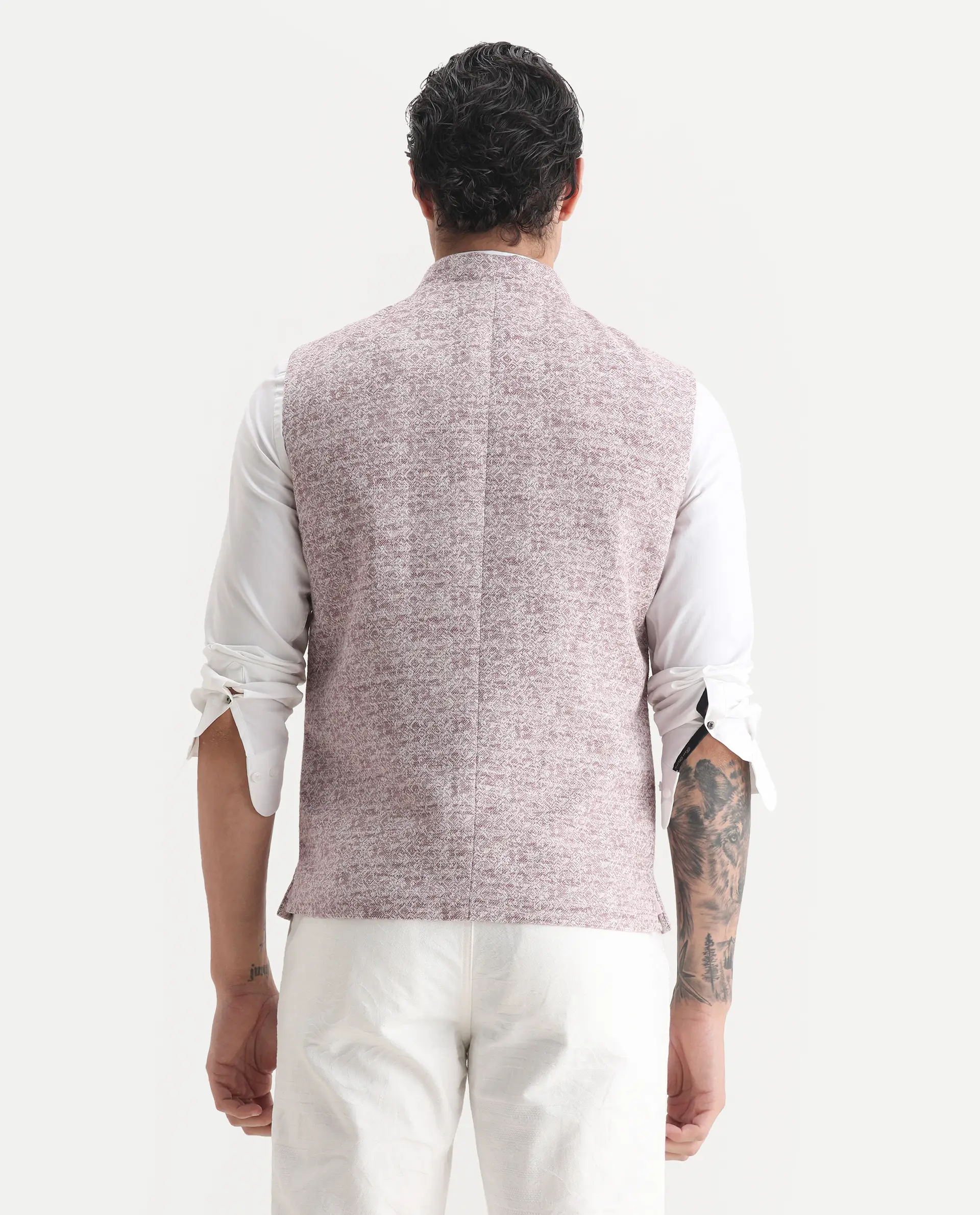 Rare Rabbit Men's Delia Light Pink Linen Jacquard Tailored Fit Sleeveless Mandarin Collar Bandhgala Rare Rabbit Men's Lasmos-B1 Beige Viscose Embroidered Regular Fit Sleeveless Mandarin Collar Bandhgala Nehru Jacket - Image 7