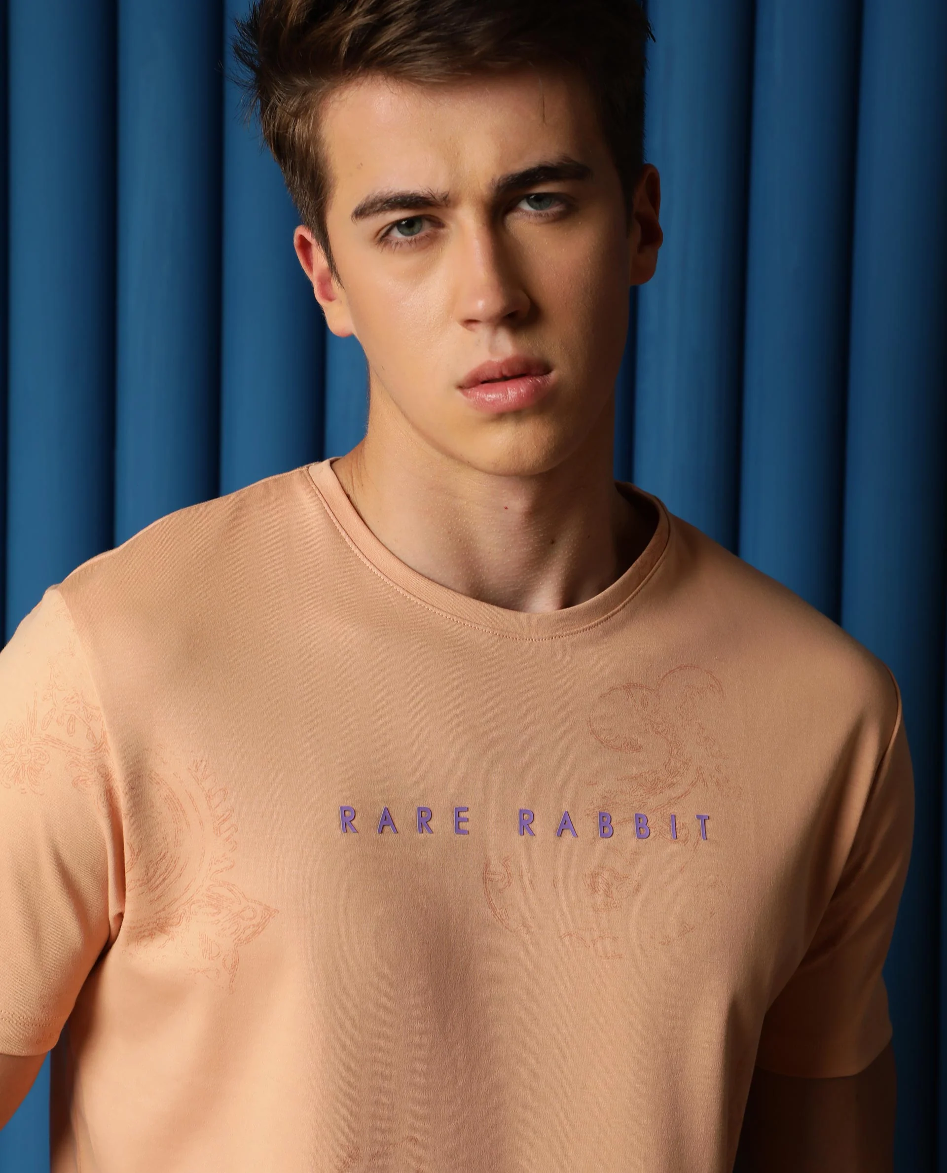 Rare Rabbit Men's Delic Peach Cotton Paisley Print Slim Fit Half Sleeve Crew Neck T-Shirt