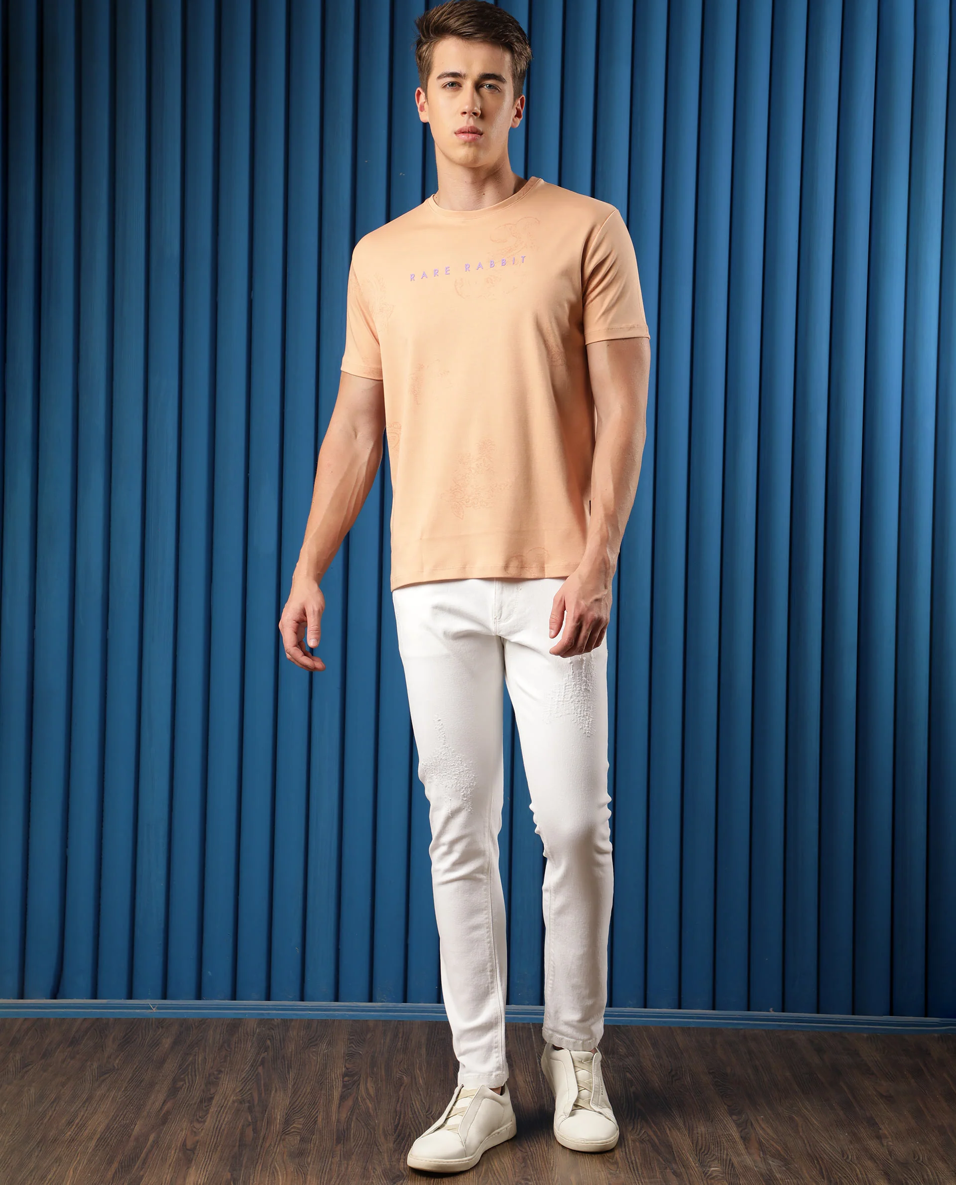 Rare Rabbit Men's Delic Peach Cotton Paisley Print Slim Fit Half Sleeve Crew Neck T-Shirt - Image 3