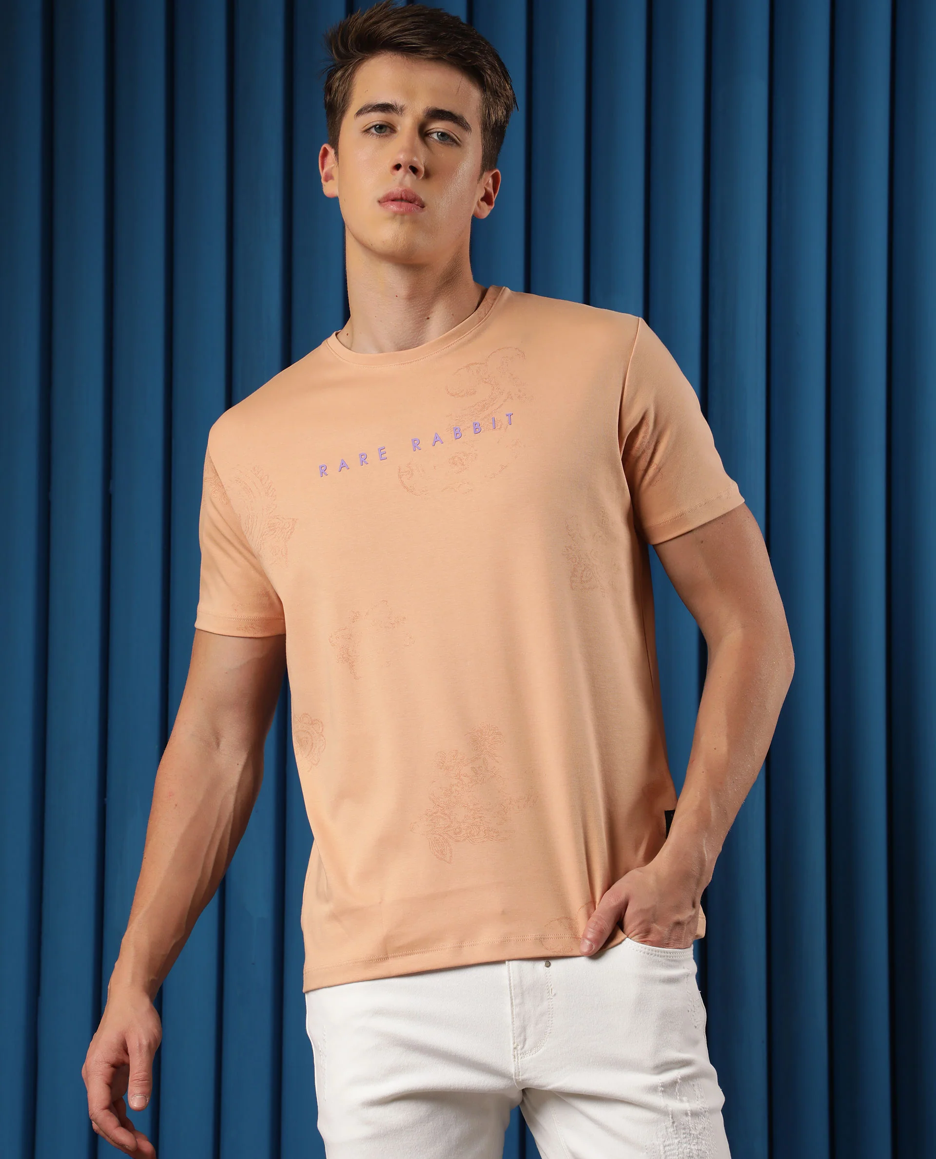 Rare Rabbit Men's Delic Peach Cotton Paisley Print Slim Fit Half Sleeve Crew Neck T-Shirt - Image 4