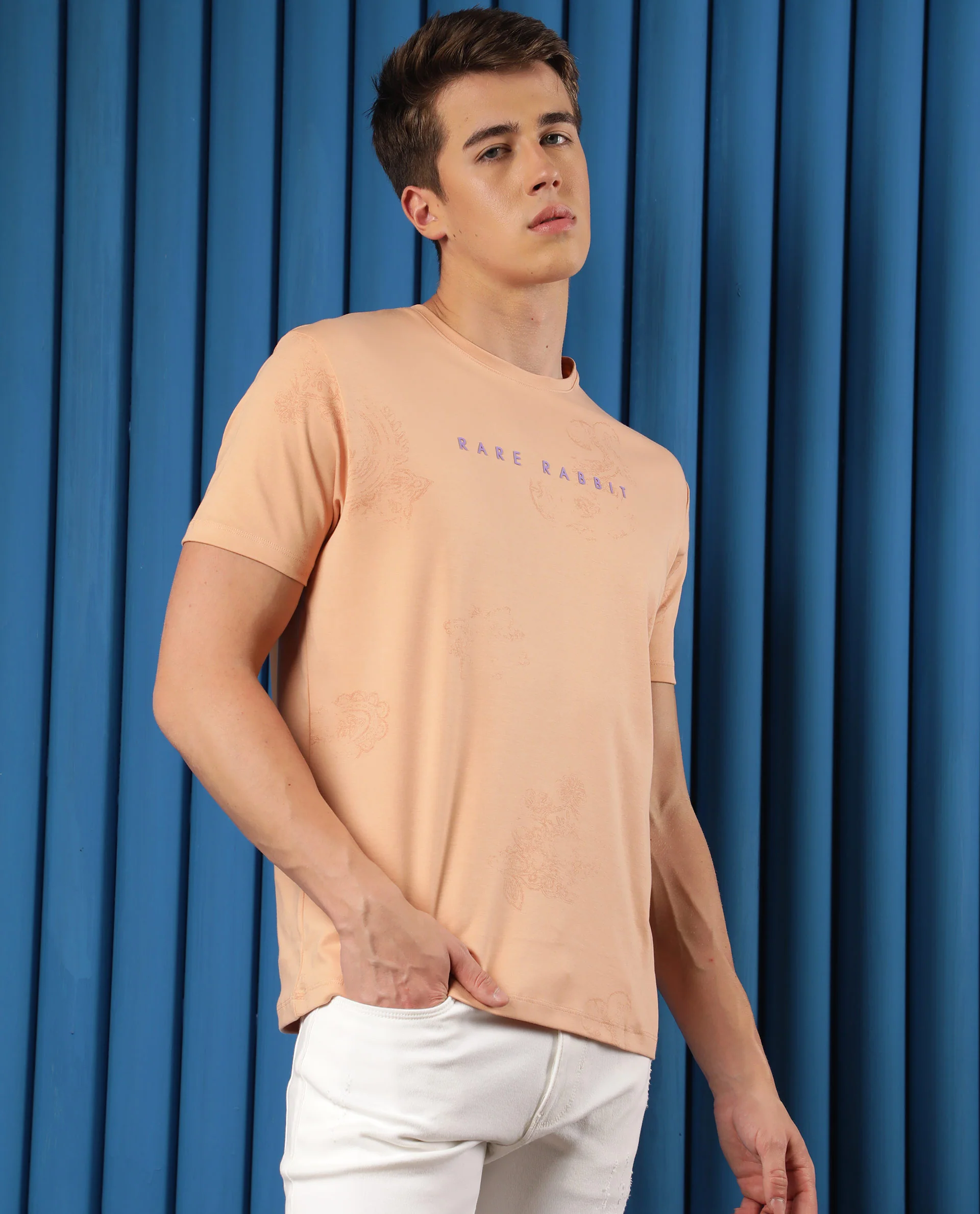 Rare Rabbit Men's Delic Peach Cotton Paisley Print Slim Fit Half Sleeve Crew Neck T-Shirt - Image 6