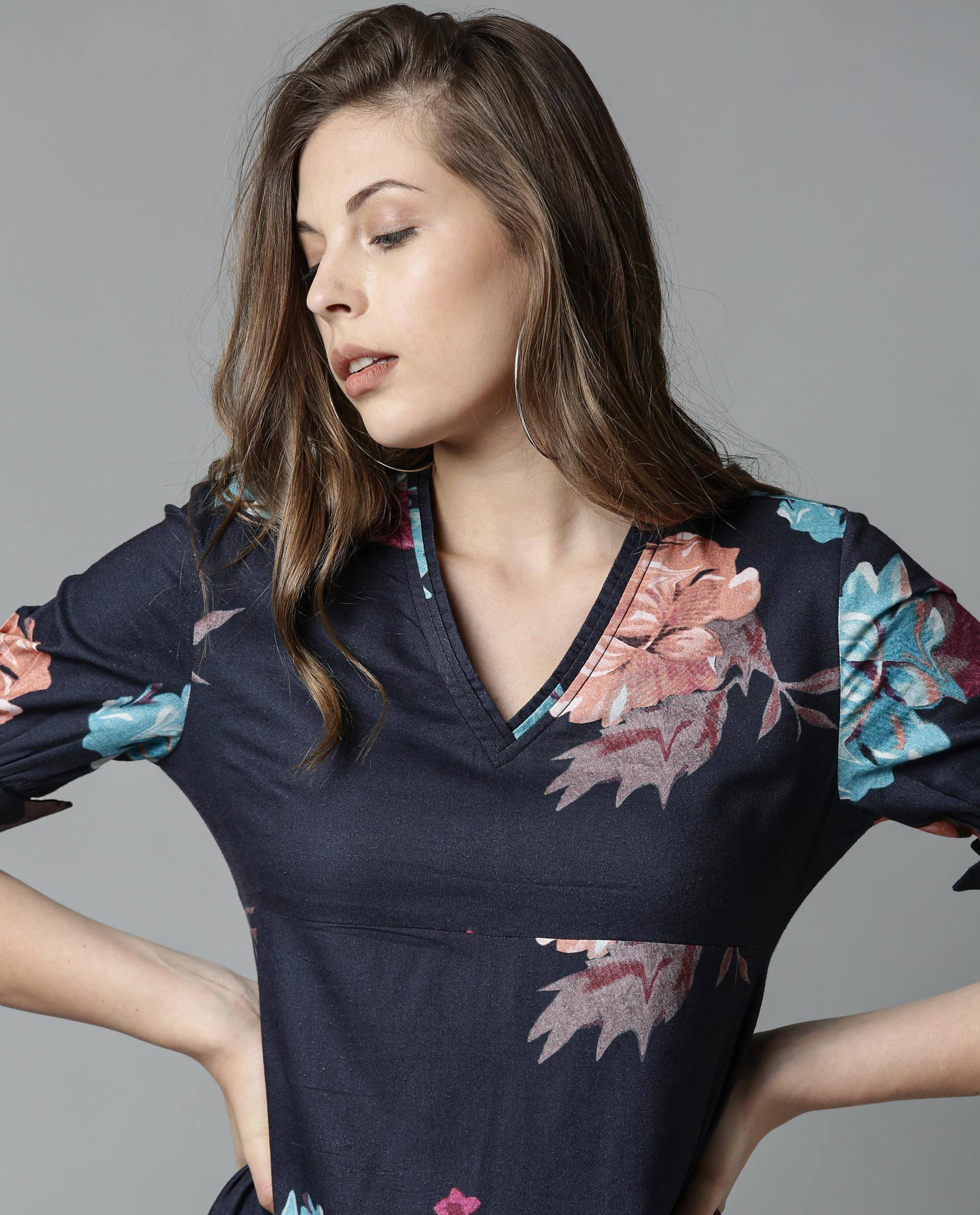 Rareism Women Delight Navy Dress Short Sleeves Printed - Image 4