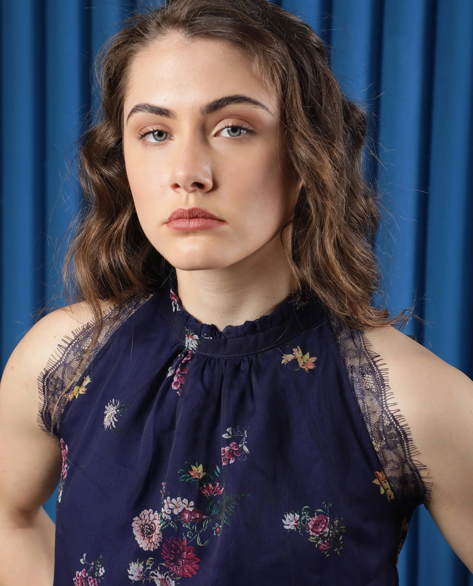 Rareism Women's Delins Blue Polyester High Neck Floral Print Sleeveless Regular Fit Top - Image 2