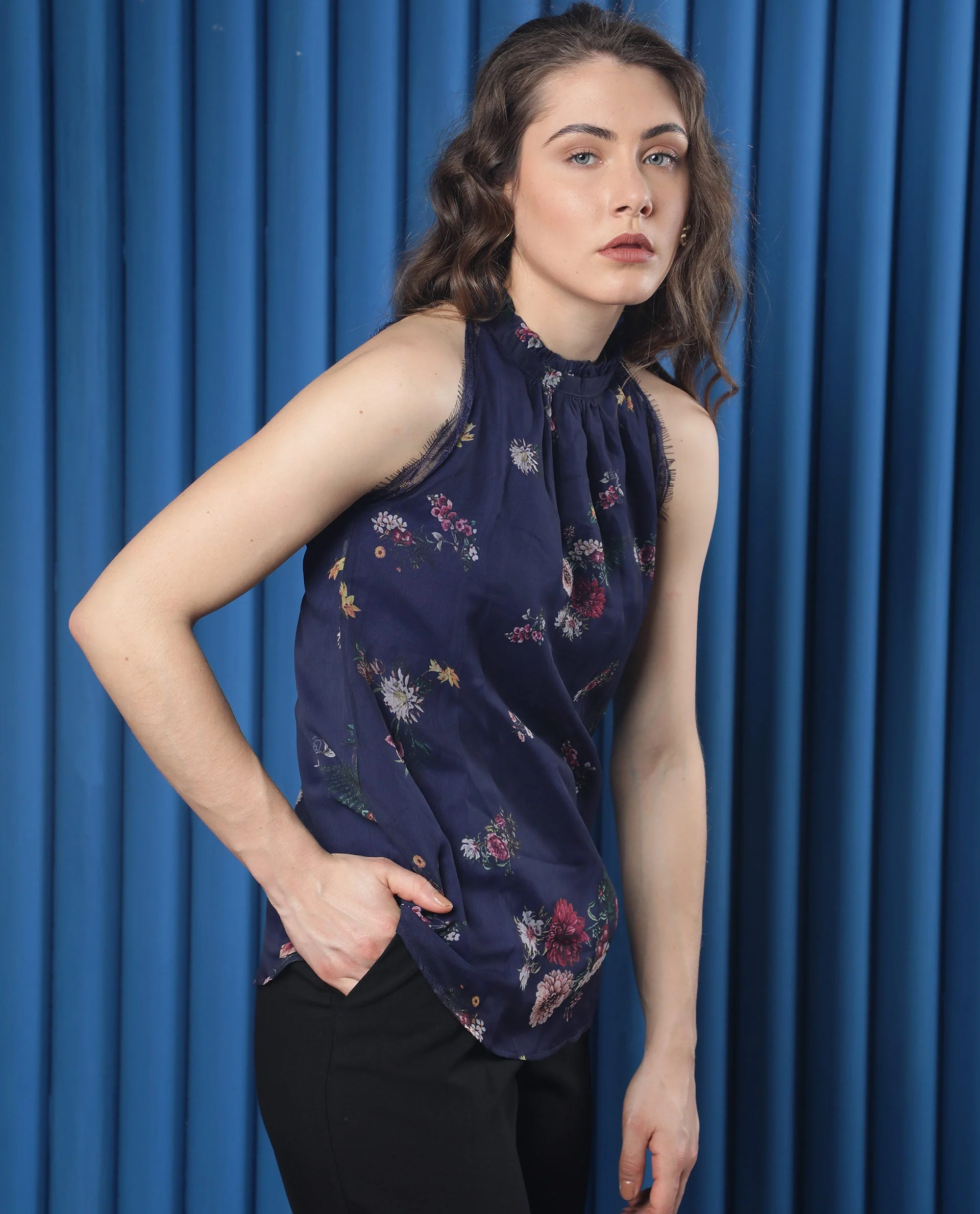 Rareism Women's Delins Blue Polyester High Neck Floral Print Sleeveless Regular Fit Top - Image 5