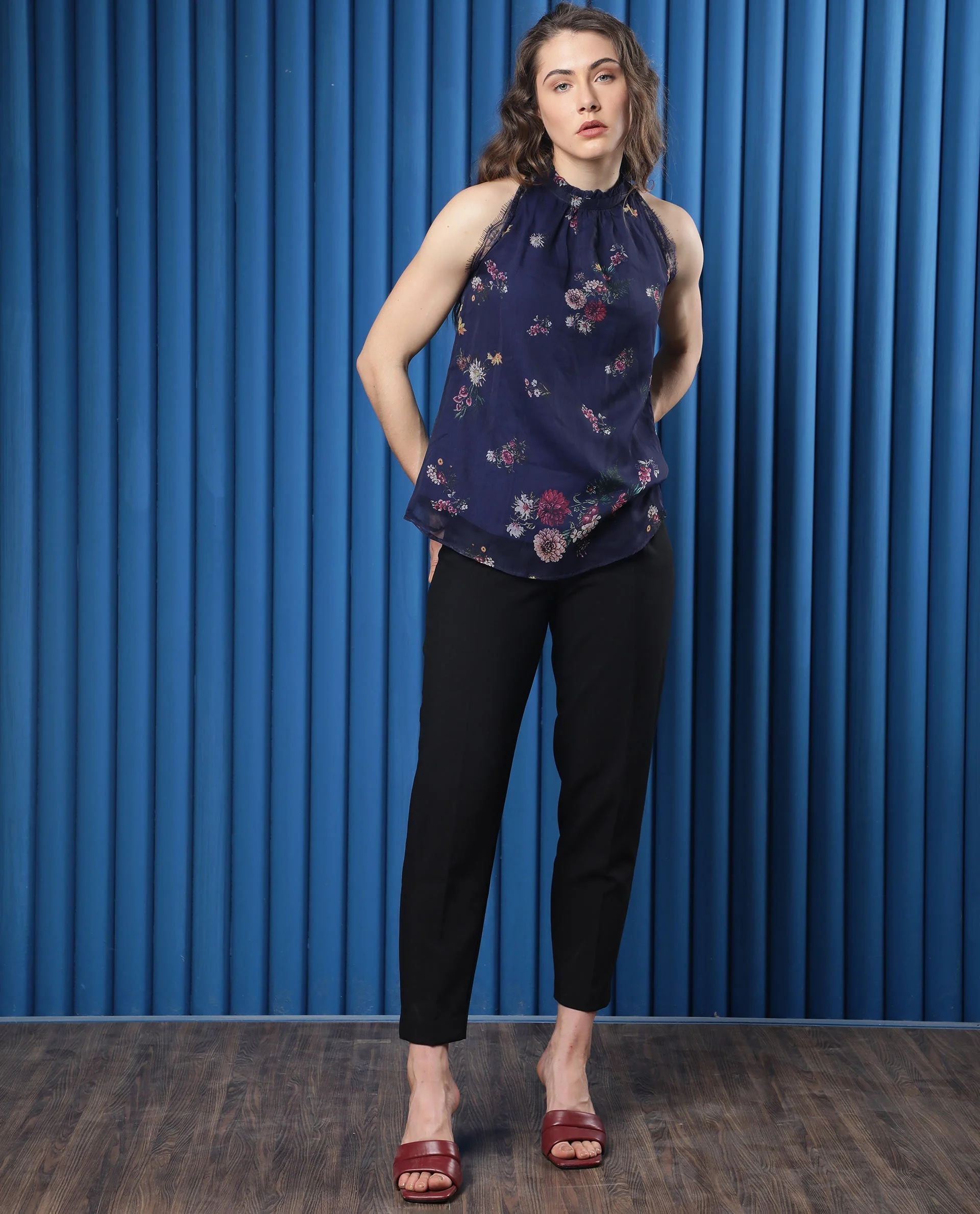 Rareism Women's Delins Blue Polyester High Neck Floral Print Sleeveless Regular Fit Top - Image 6