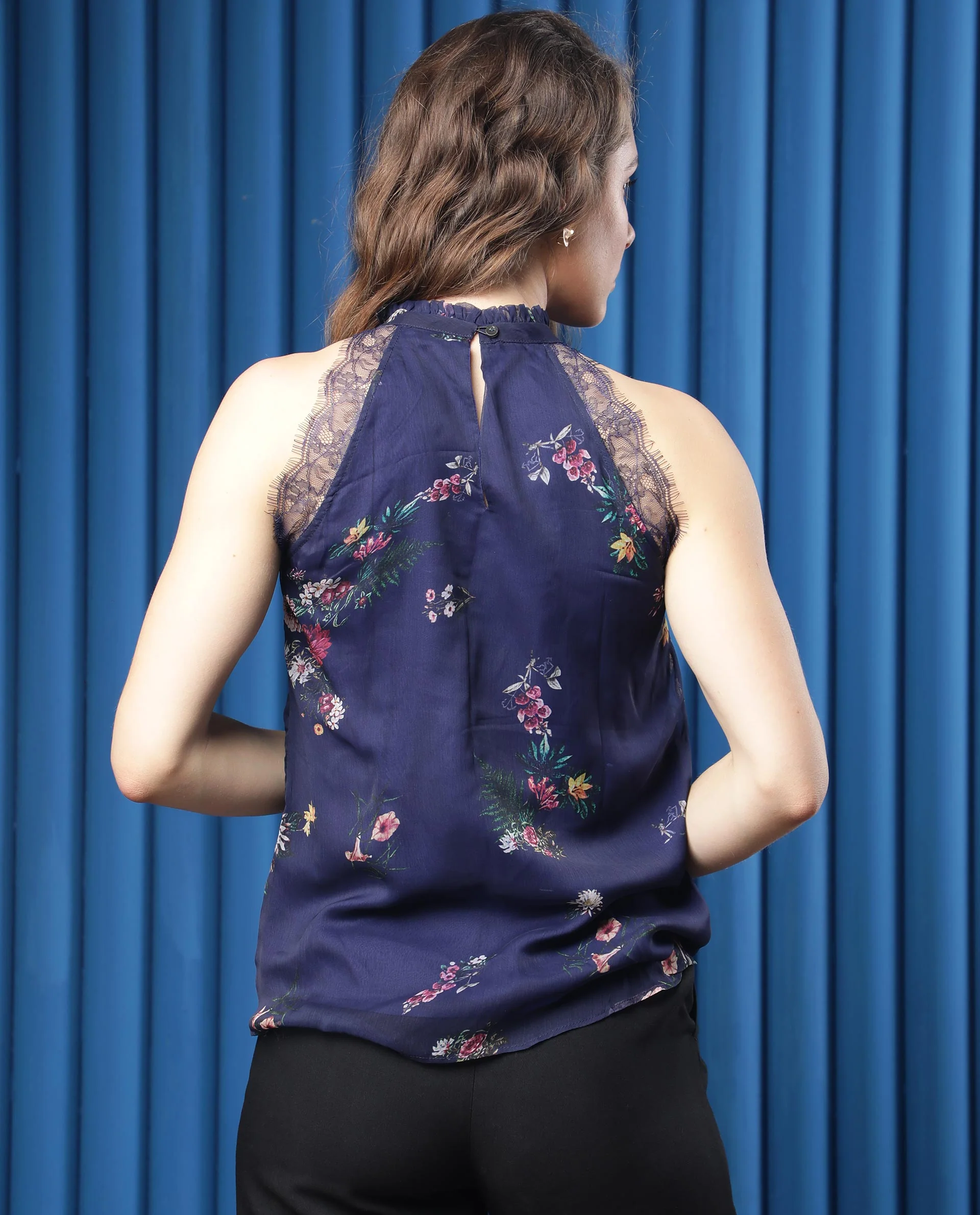 Rareism Women's Delins Blue Polyester High Neck Floral Print Sleeveless Regular Fit Top - Image 7