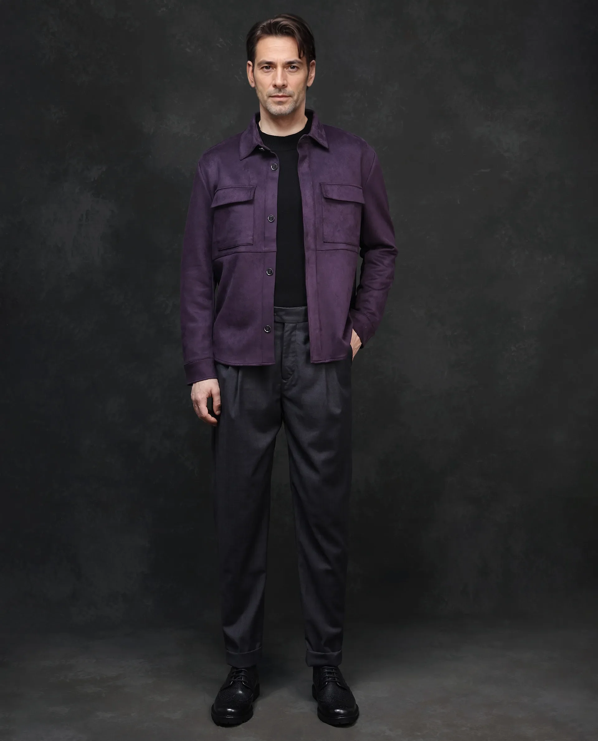 Rare Rabbit Men's Delk-2 Dark Purple Polyester Plain Regular Fit Full Sleeve Spread Collar Jacket - Image 2