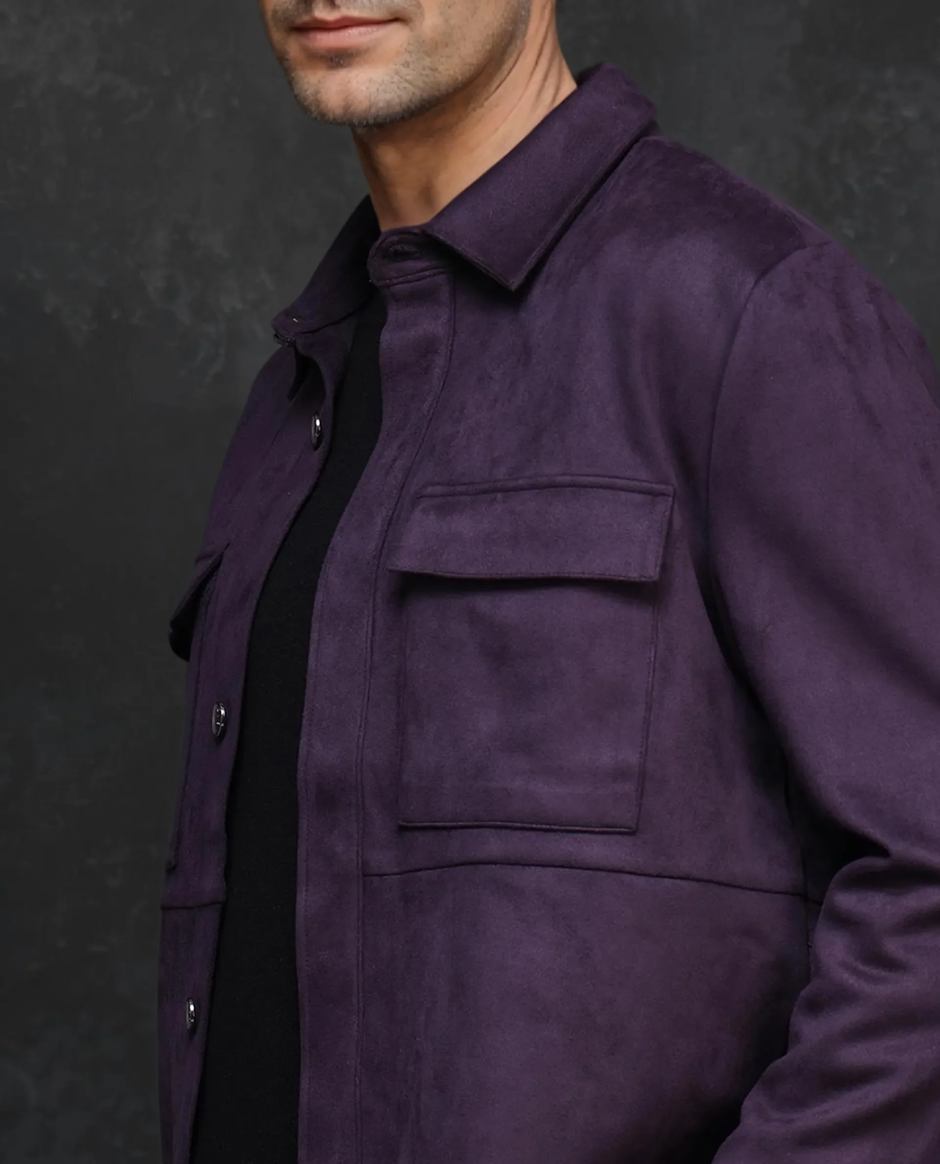 Rare Rabbit Men's Delk-2 Dark Purple Polyester Plain Regular Fit Full Sleeve Spread Collar Jacket - Image 3