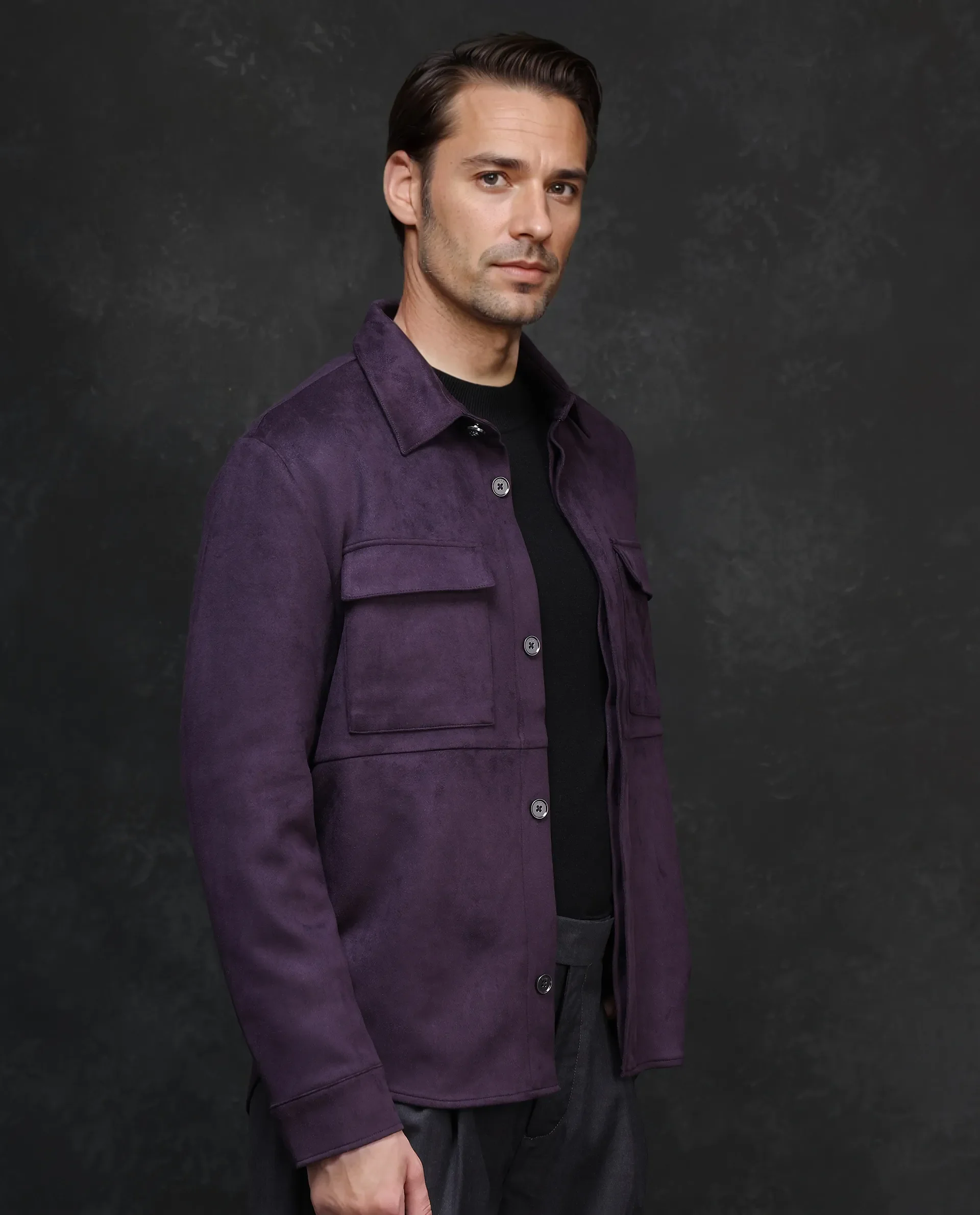 Rare Rabbit Men's Delk-2 Dark Purple Polyester Plain Regular Fit Full Sleeve Spread Collar Jacket - Image 6