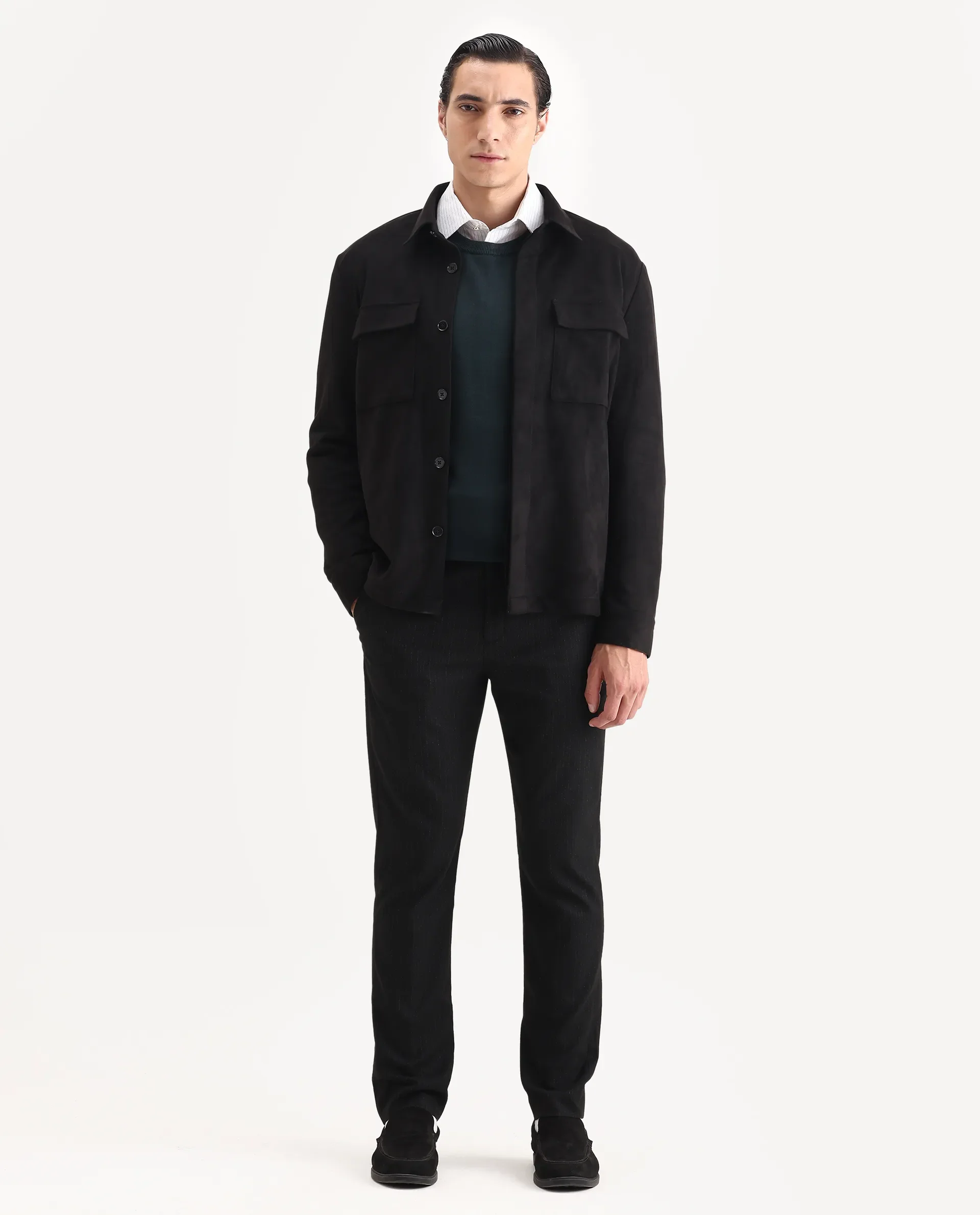 Rare Rabbit Men's Delk-25 Black Polyester Blend Fabric Collared Neck Relaxed Plain Jacket - Image 2