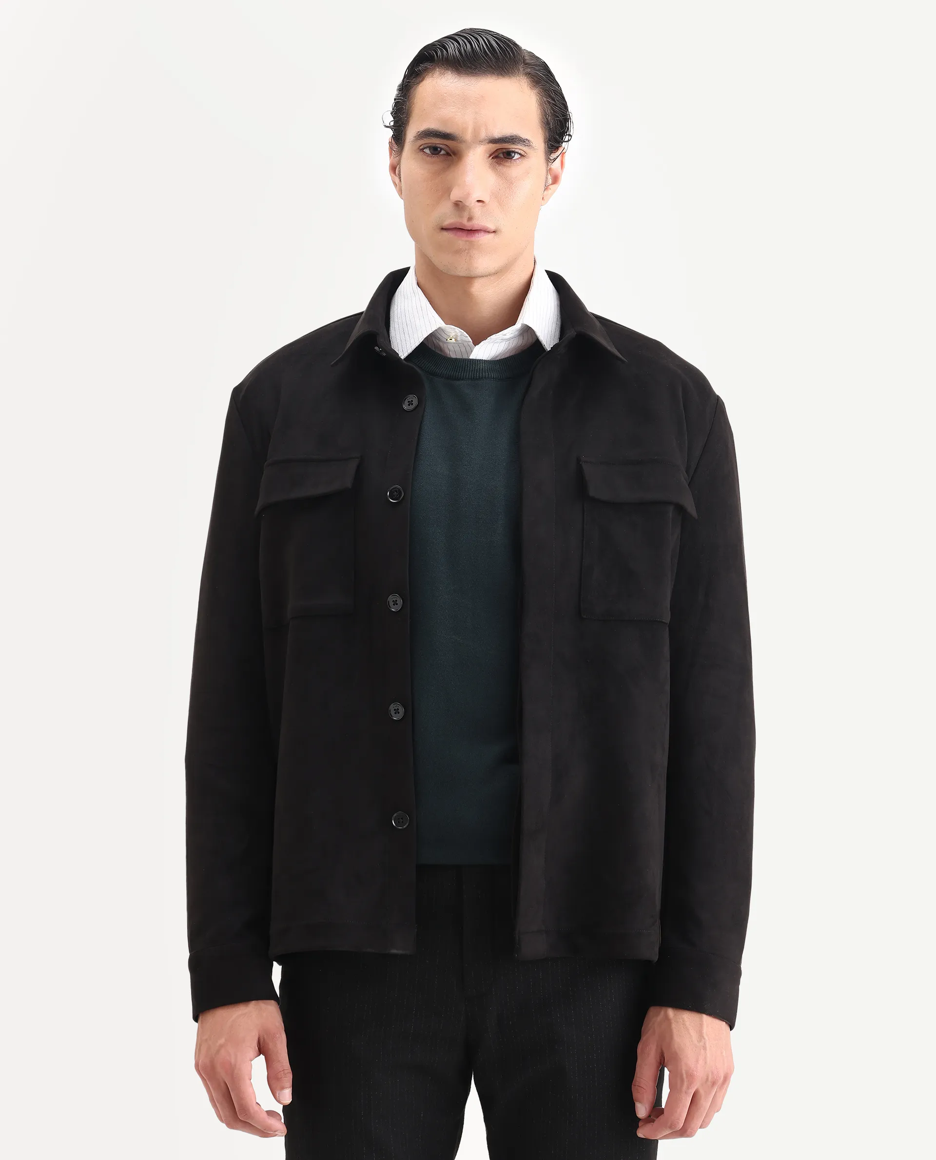 Rare Rabbit Men's Delk-25 Black Polyester Blend Fabric Collared Neck Relaxed Plain Jacket - Image 4