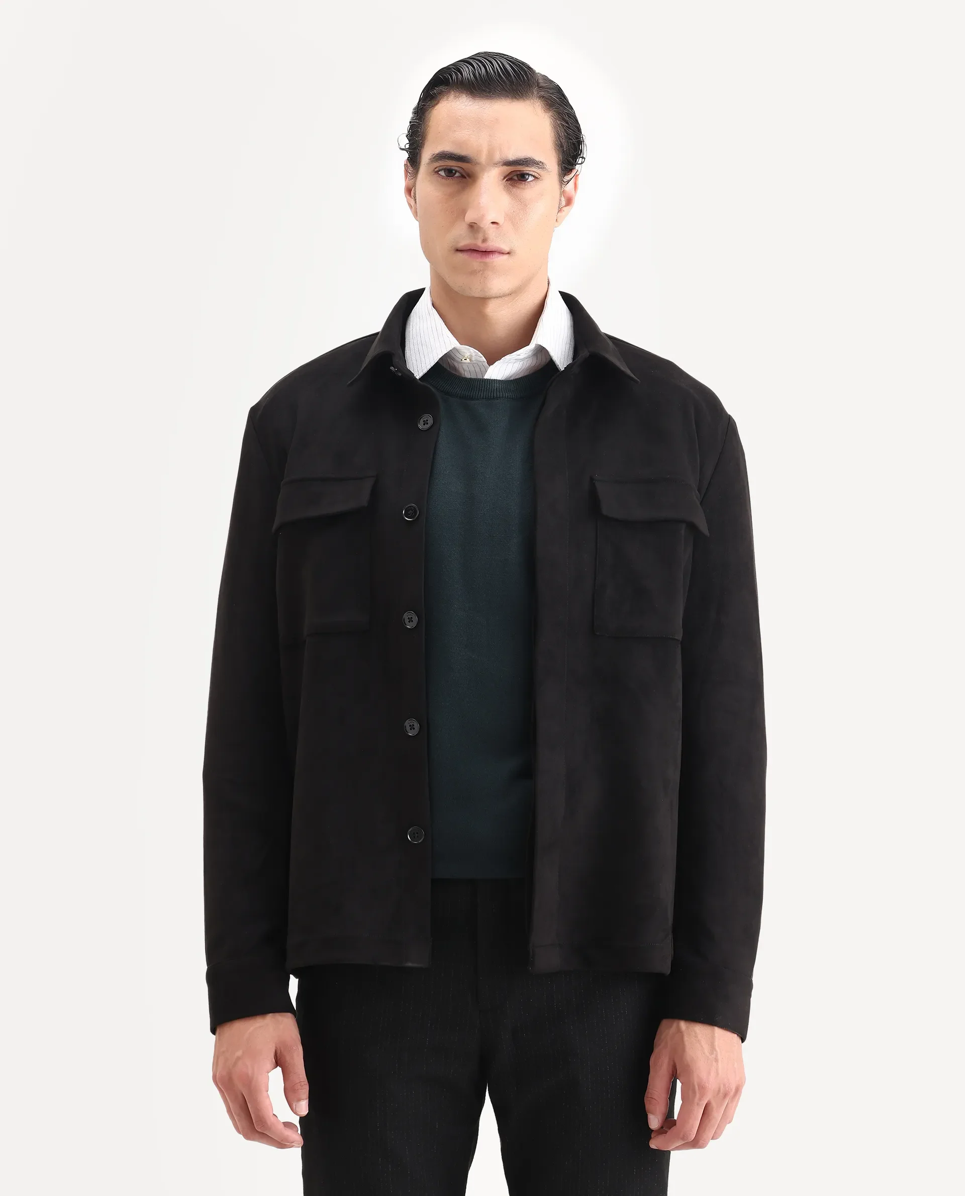 Rare Rabbit Men's Delk-25 Black Polyester Blend Fabric Collared Neck Relaxed Plain Jacket - Image 5