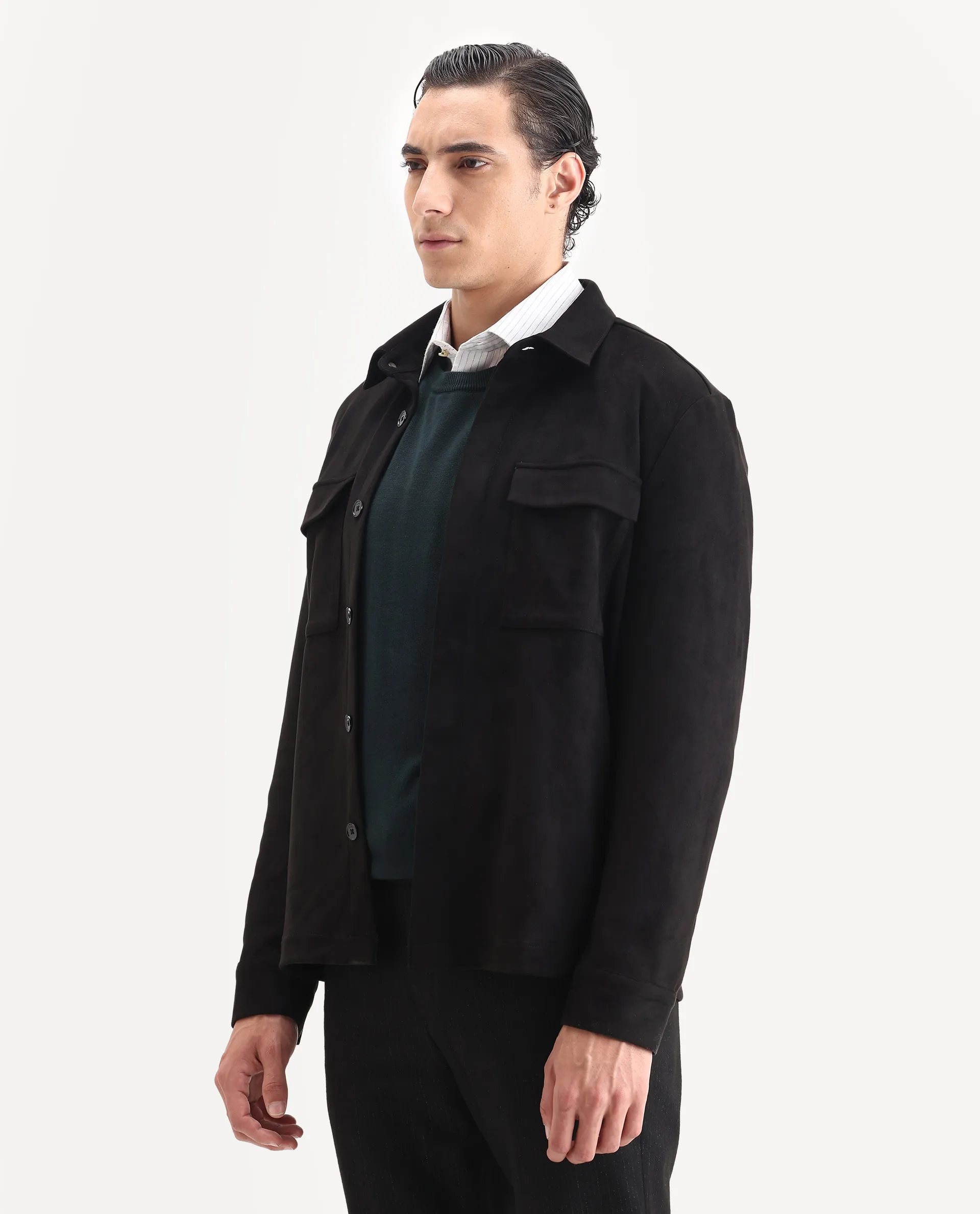 Rare Rabbit Men's Delk-25 Black Polyester Blend Fabric Collared Neck Relaxed Plain Jacket - Image 6