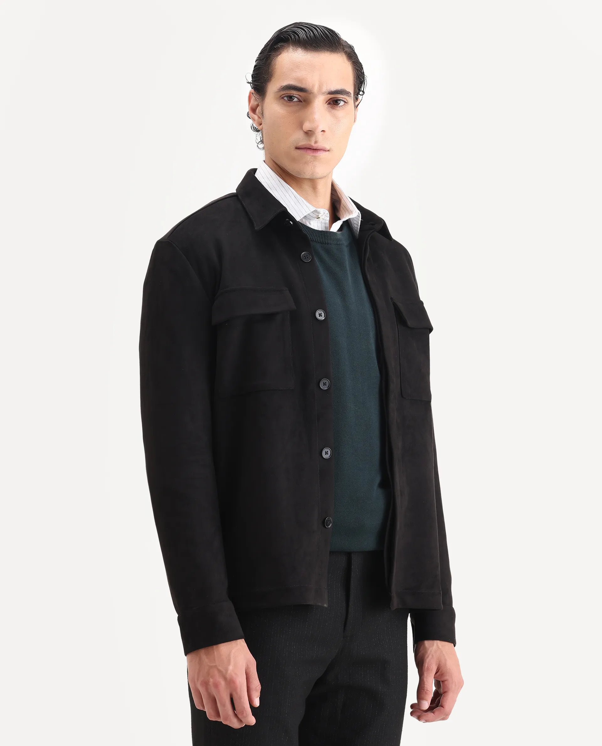 Rare Rabbit Men's Delk-25 Black Polyester Blend Fabric Collared Neck Relaxed Plain Jacket - Image 7