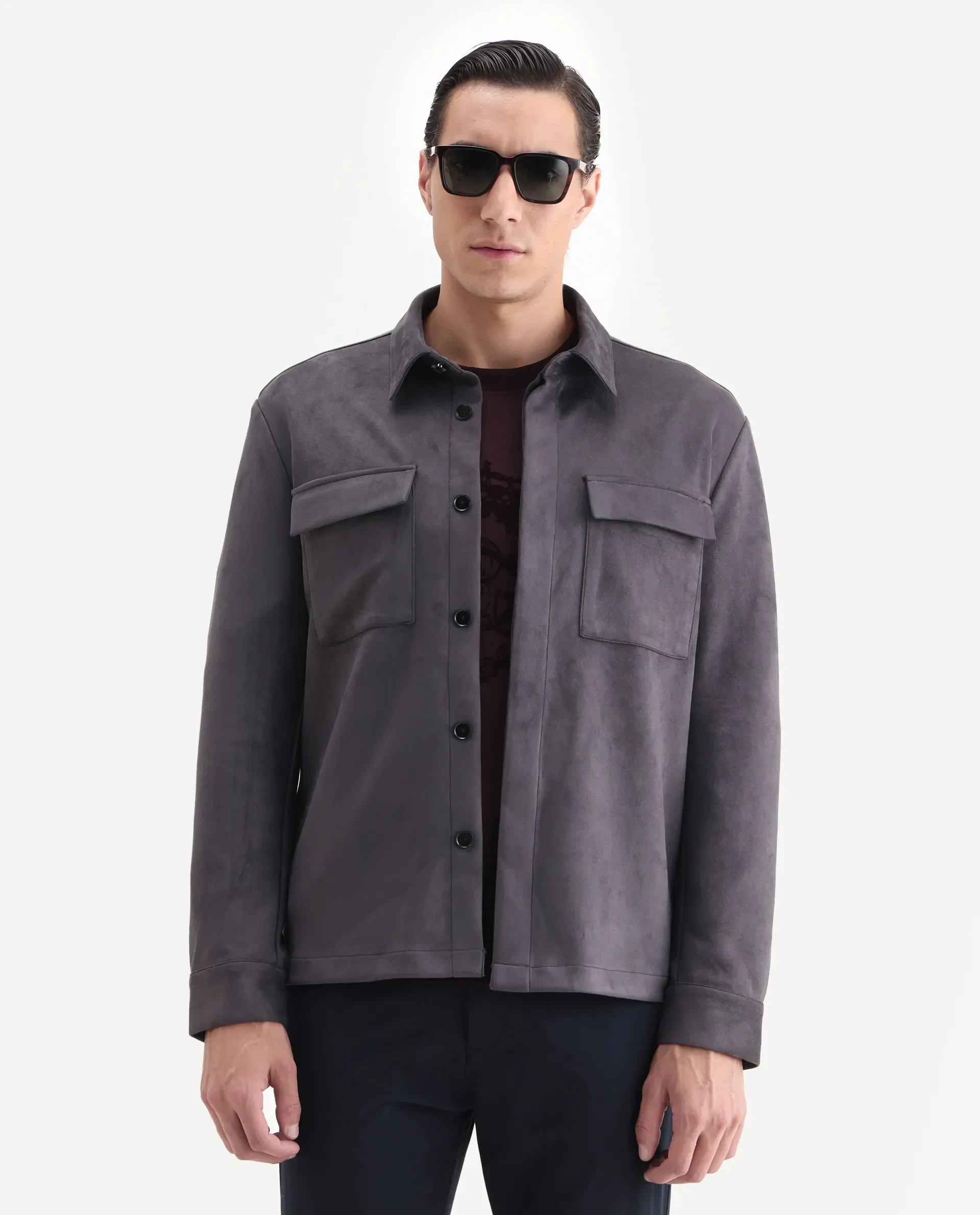 Rare Rabbit Men's Delk-25 Grey Polyester Blend Fabric Collared Neck Relaxed Plain Jacket