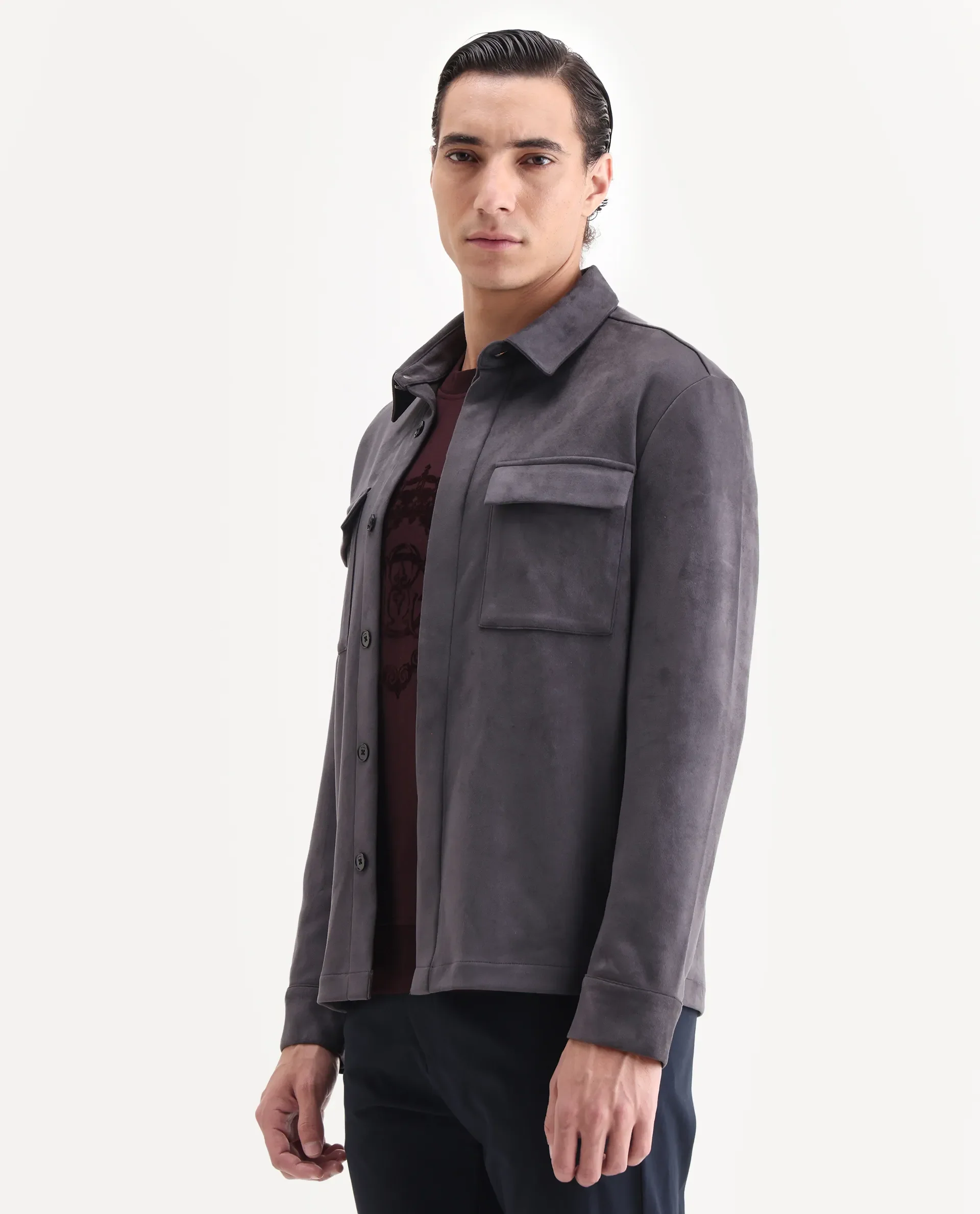 Rare Rabbit Men's Delk-25 Grey Polyester Blend Fabric Collared Neck Relaxed Plain Jacket - Image 4