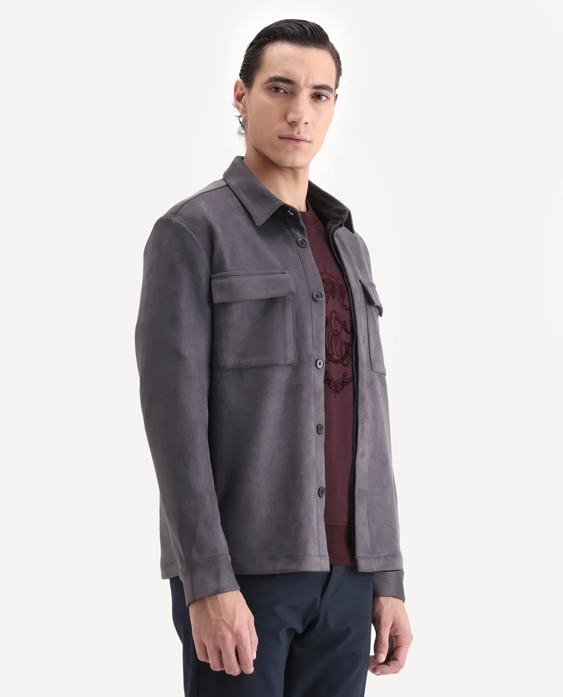 Rare Rabbit Men's Delk-25 Grey Polyester Blend Fabric Collared Neck Relaxed Plain Jacket - Image 5