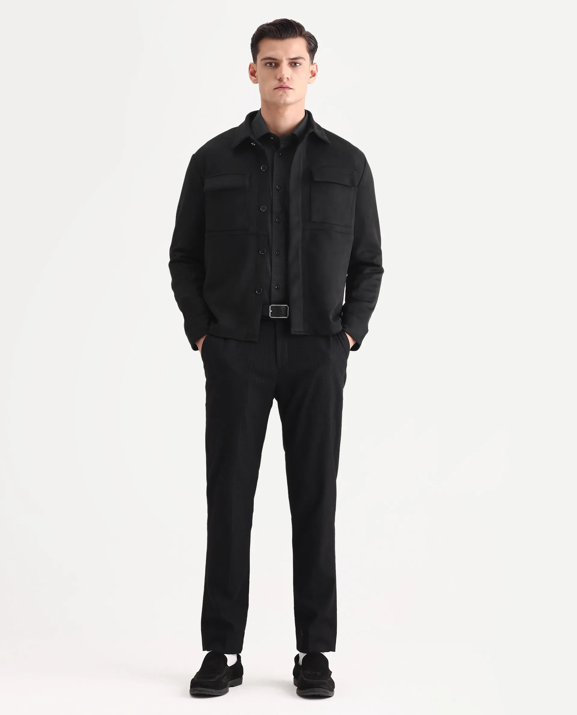 Rare Rabbit Men's Delk Black Suede Plain Regular Fit Full Sleeve Spread Collar Jacket - Image 2