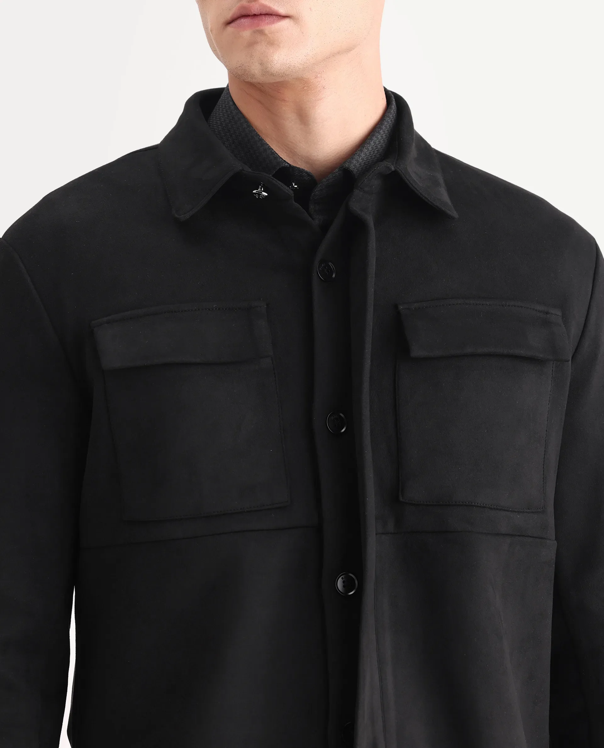 Rare Rabbit Men's Delk Black Suede Plain Regular Fit Full Sleeve Spread Collar Jacket - Image 3