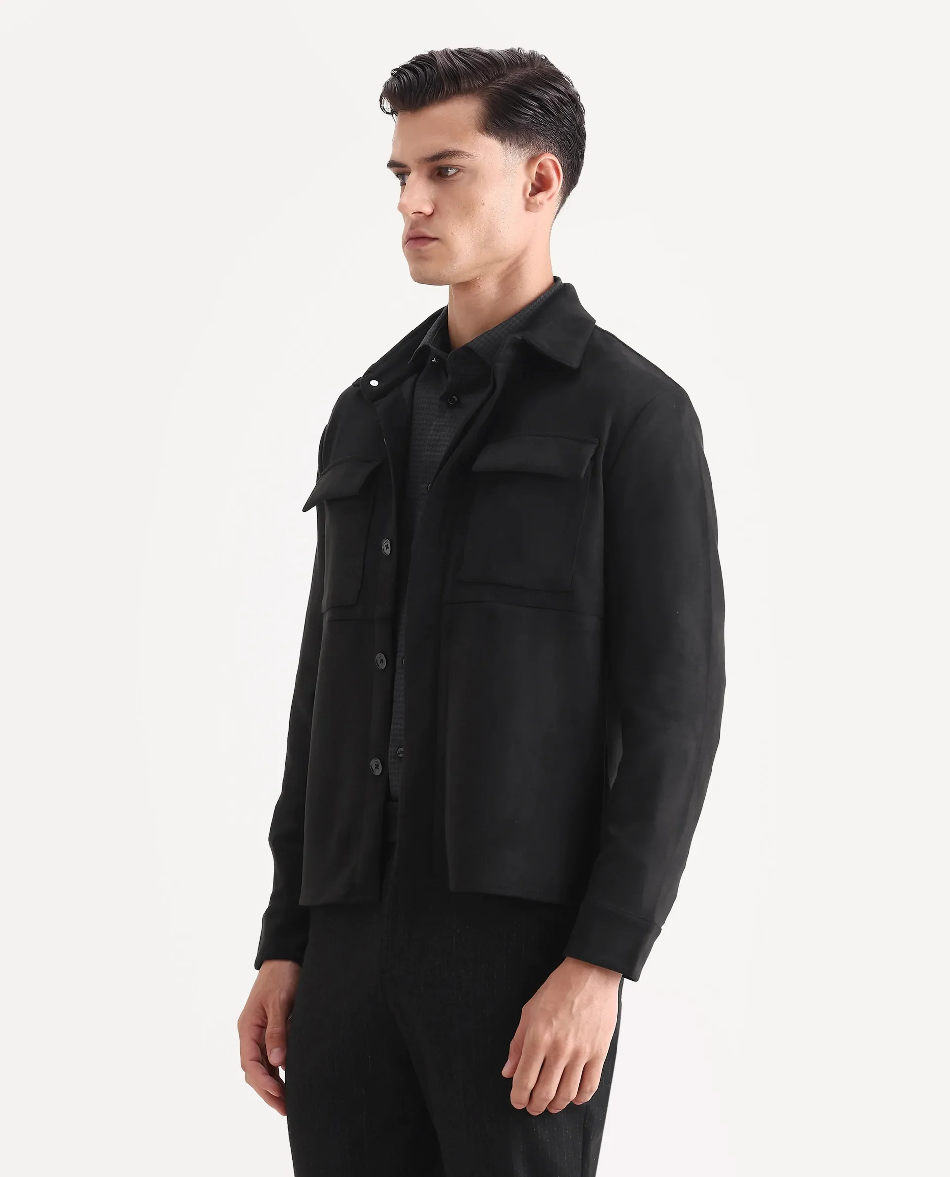 Rare Rabbit Men's Delk Black Suede Plain Regular Fit Full Sleeve Spread Collar Jacket - Image 4