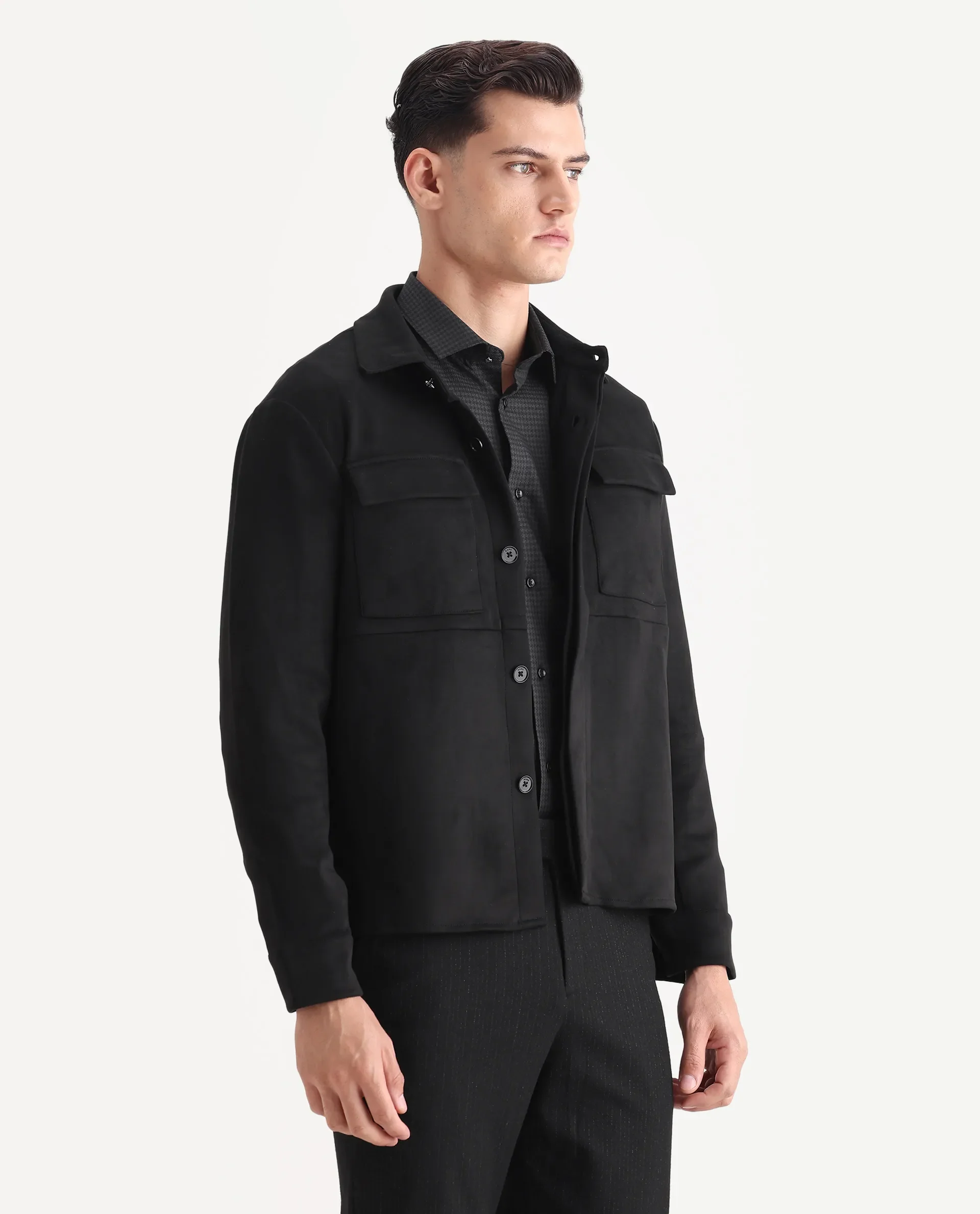 Rare Rabbit Men's Delk Black Suede Plain Regular Fit Full Sleeve Spread Collar Jacket - Image 5
