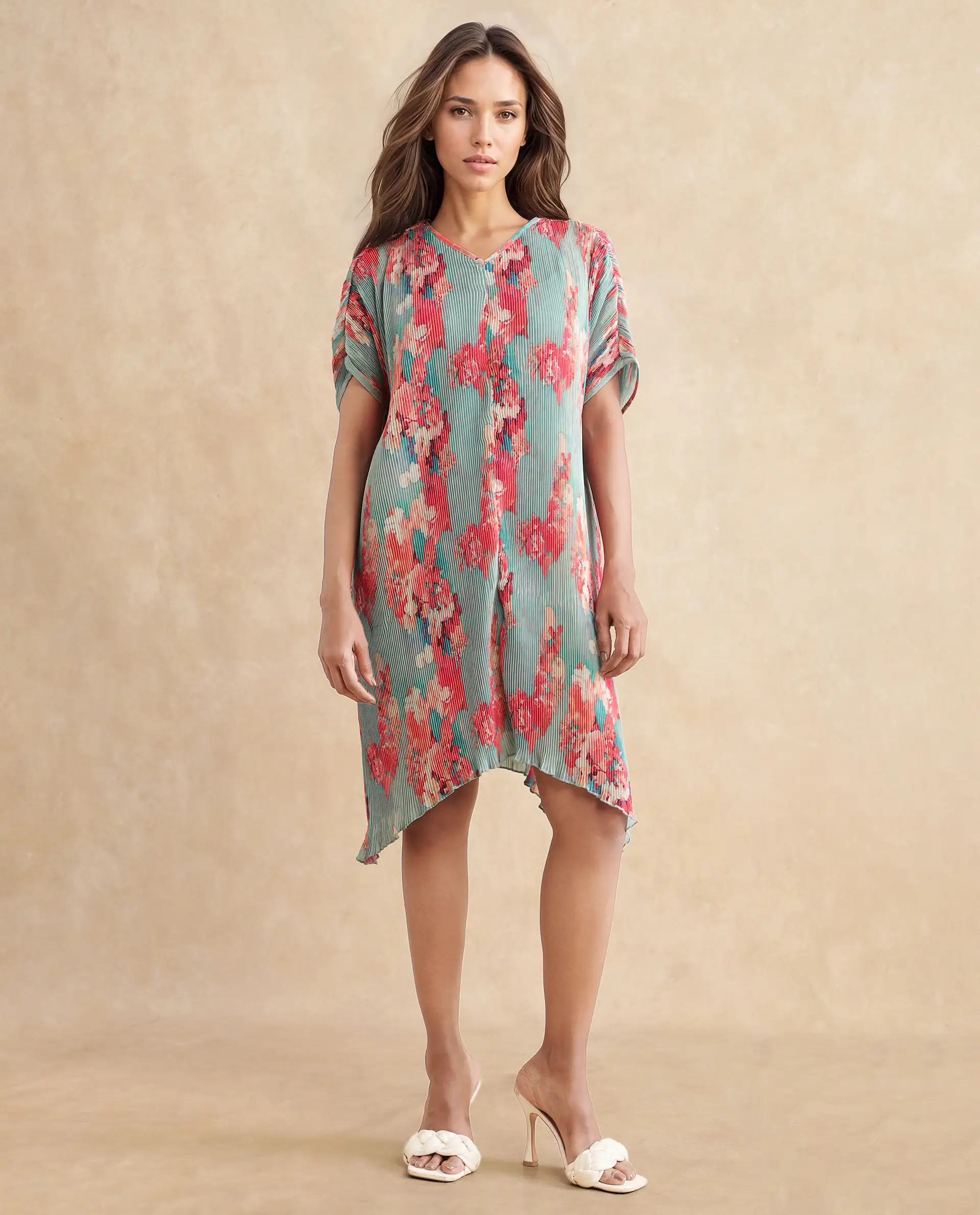 Rareism Women's Dellusion Multi Polyester Blend V-Neck Floral Print Extended Sleeves Mini Asymmetric Dress